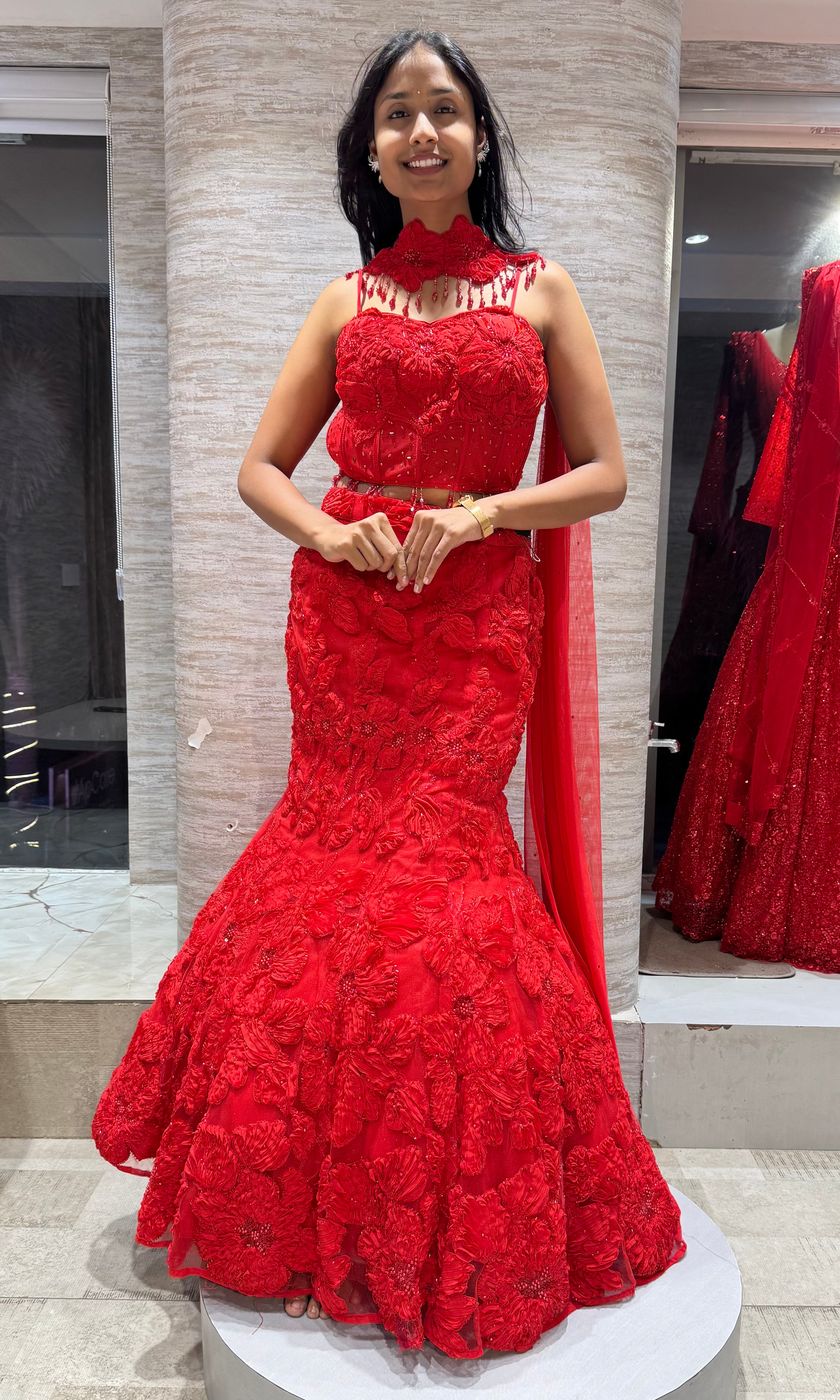 Crimson Floral Fish-Cut Lehenga