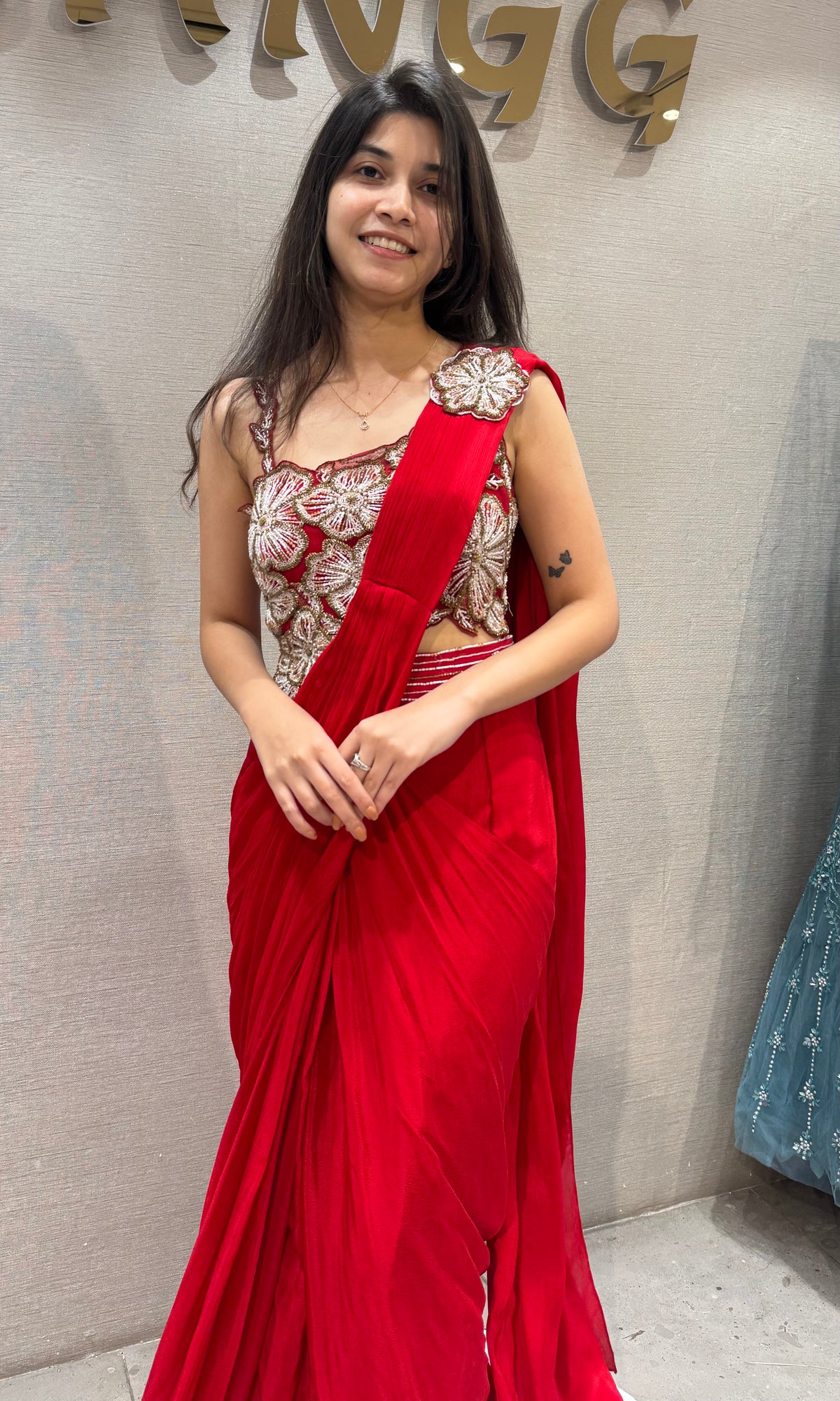Red Georgette Draped Saree with Embellished Floral Blouse