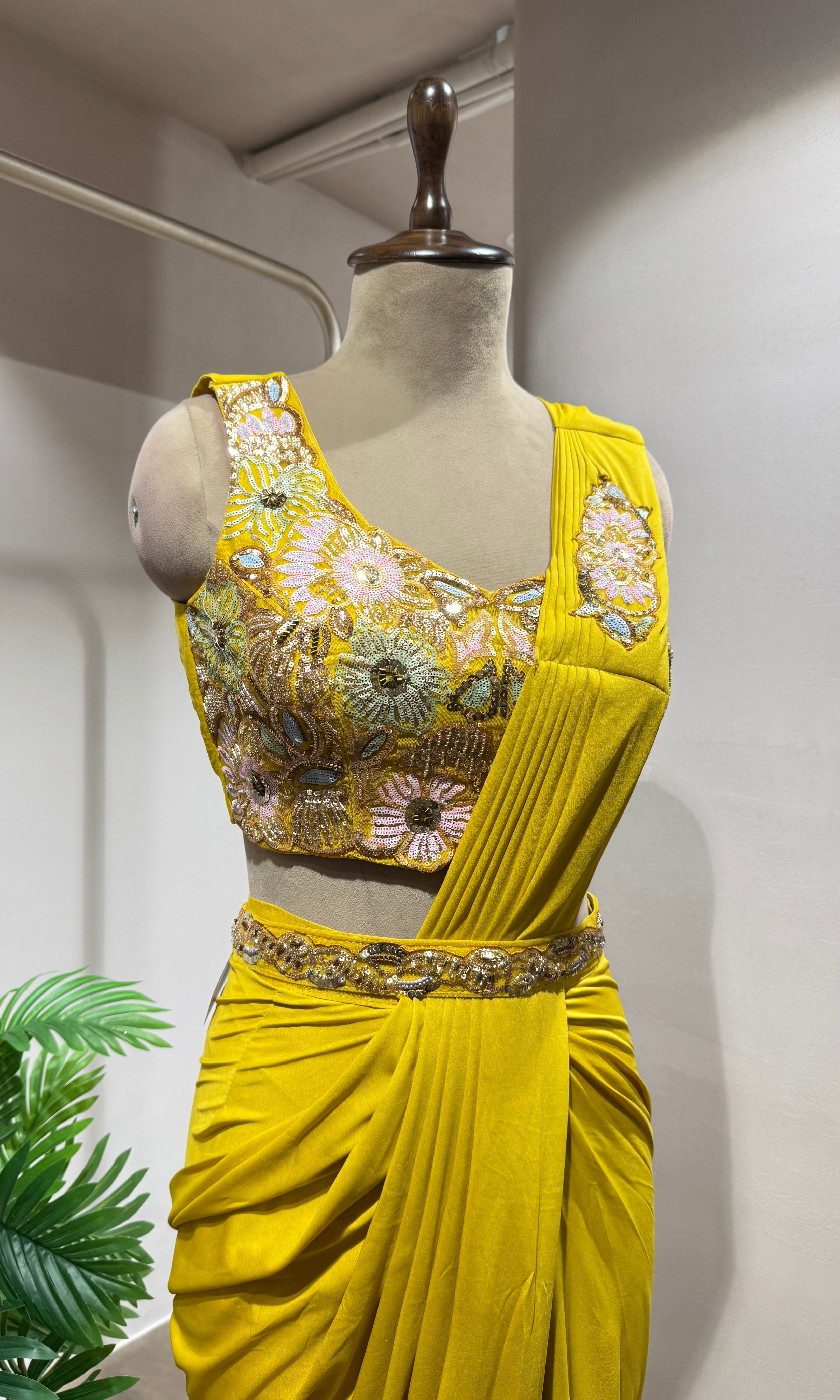 SUNSHINE YELLOW DRAPE SAREE WITH FLORAL BLOUSE