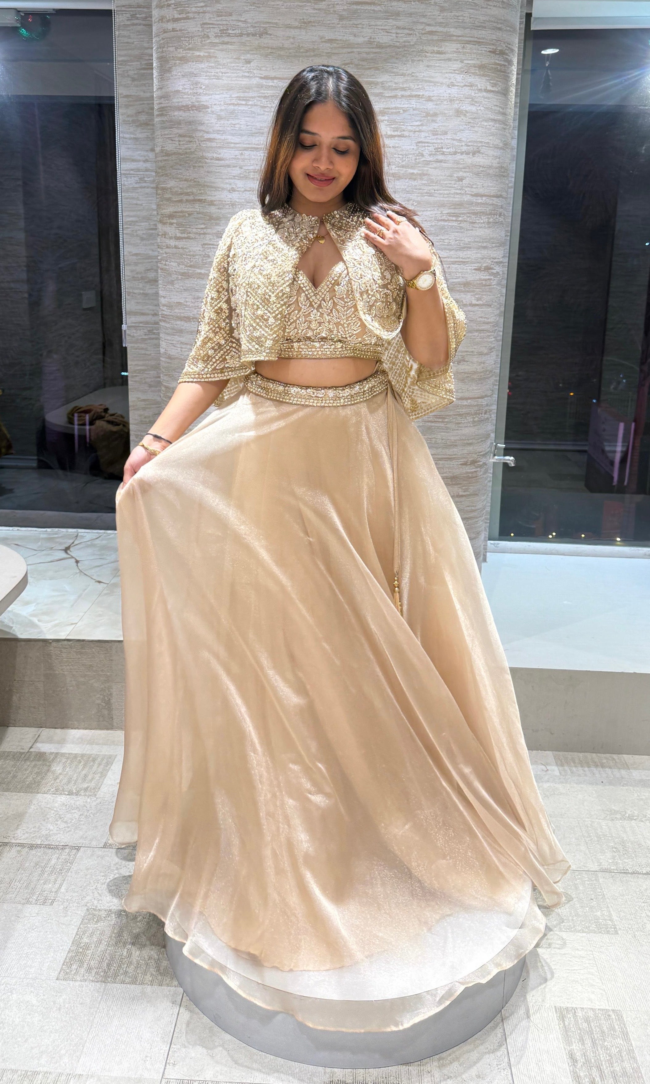 GOLD TISSUE LEHENGA WITH CAPE