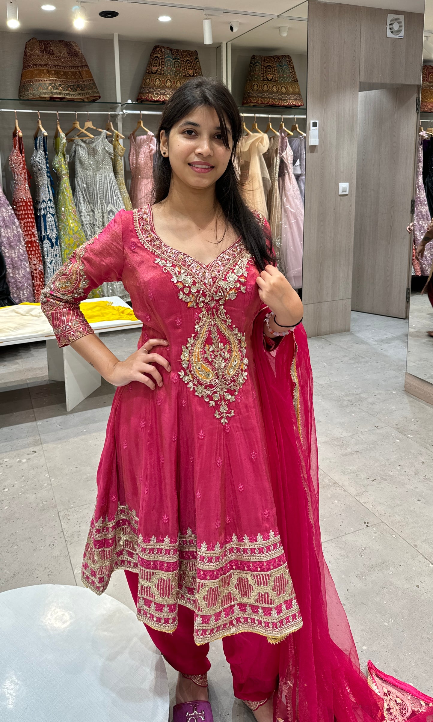 Pink shimmer anarkali Patiala style, long dress