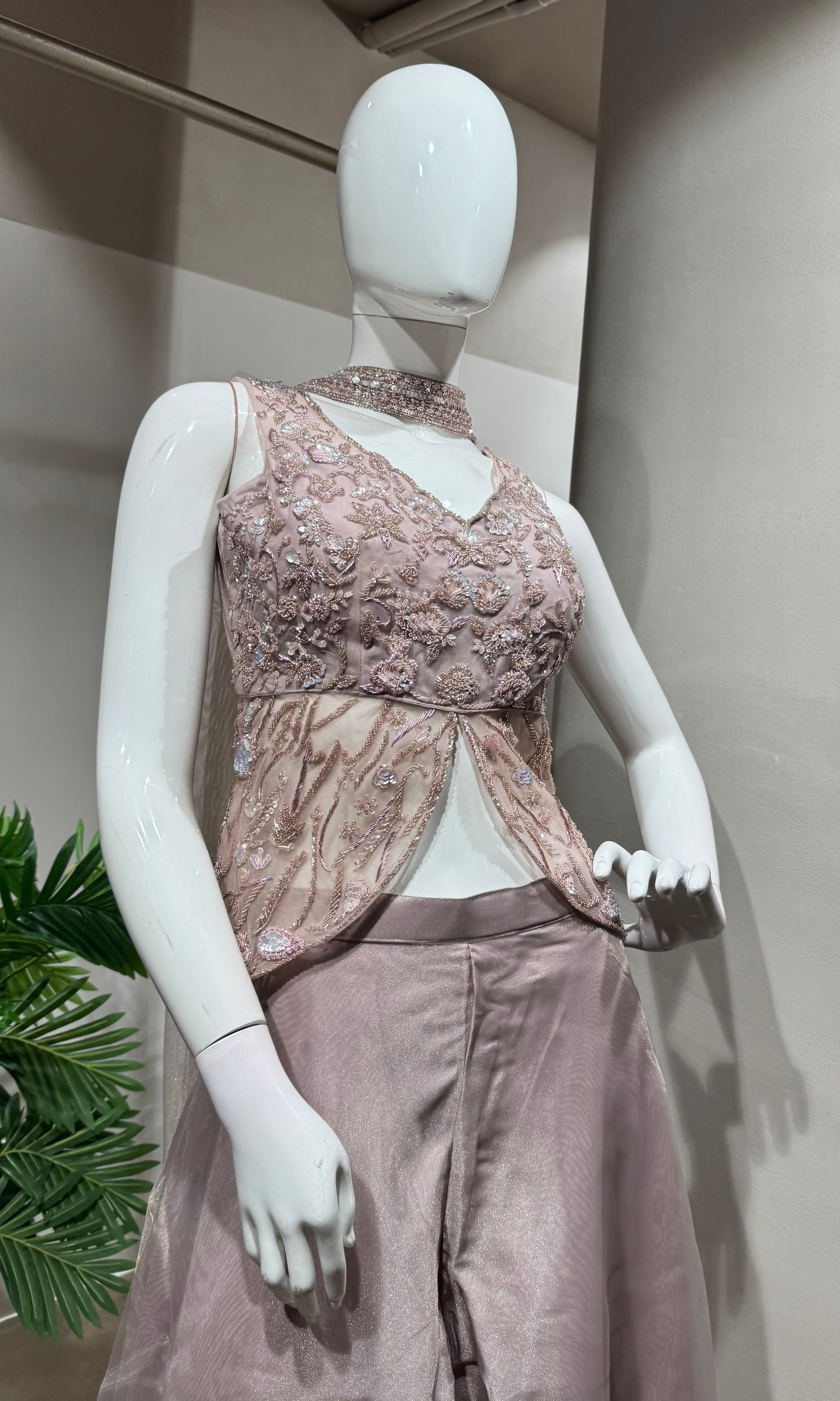pink embellished crop top and palazzo set