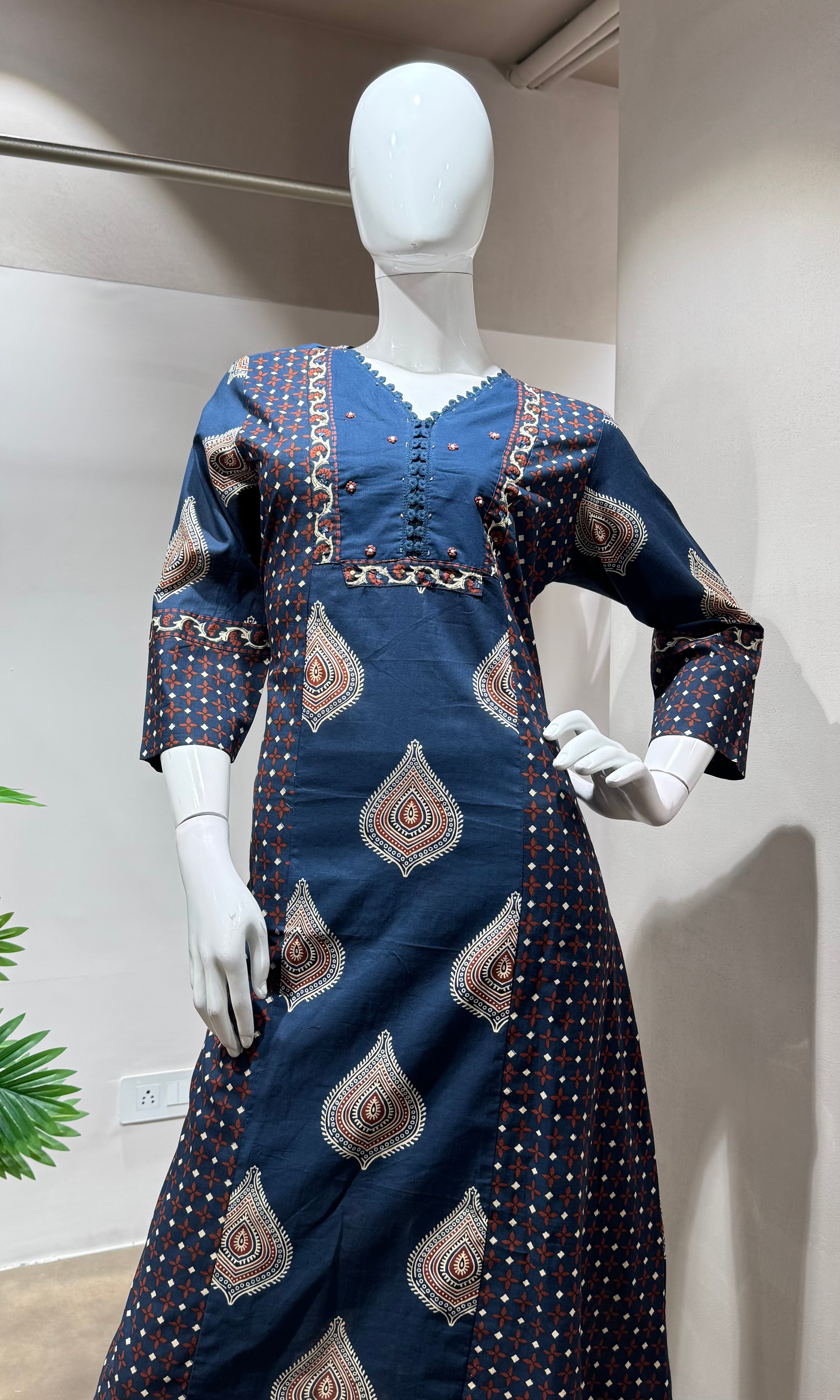 Navy blue block print design kurta set