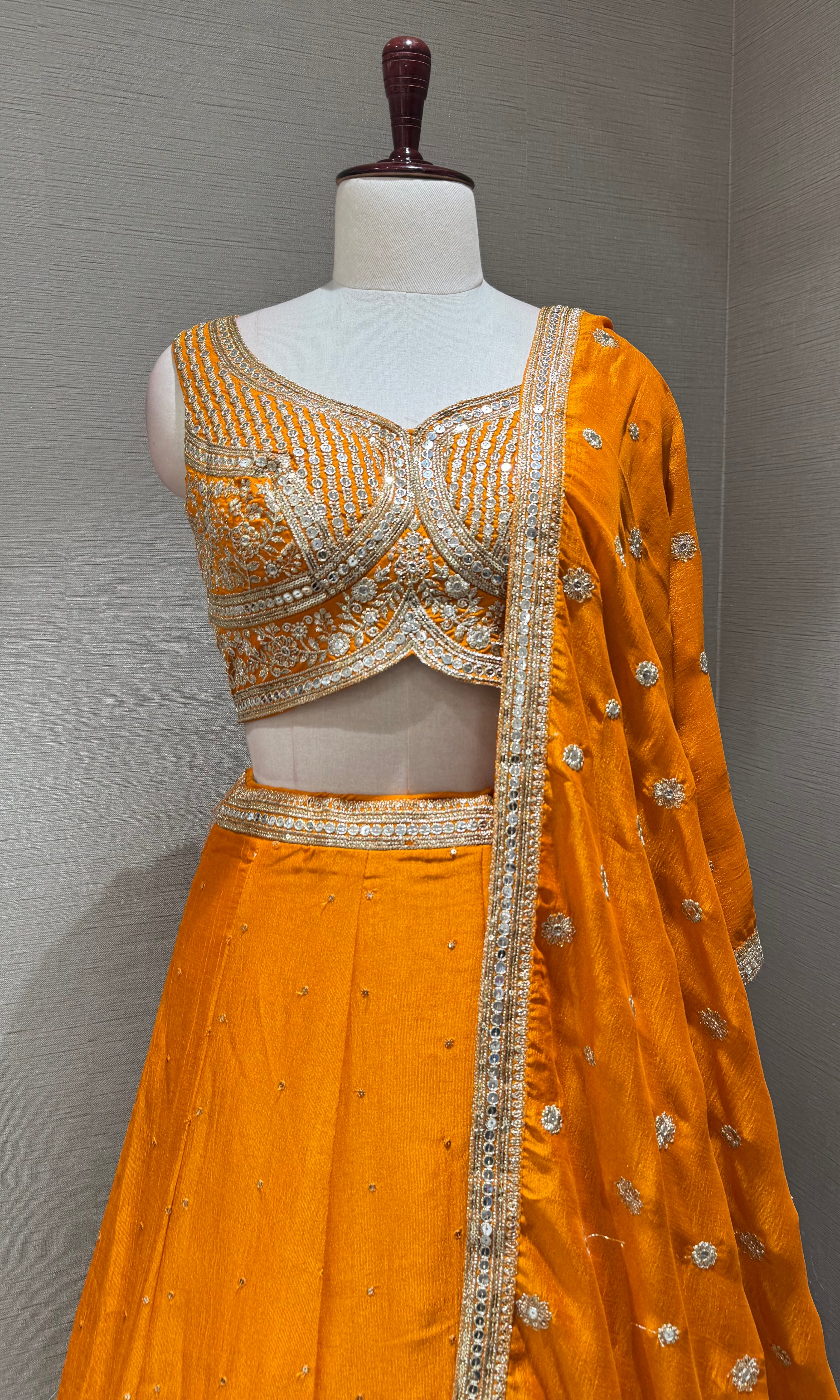 Orange Embroidered Lehenga Set with Gold Borders