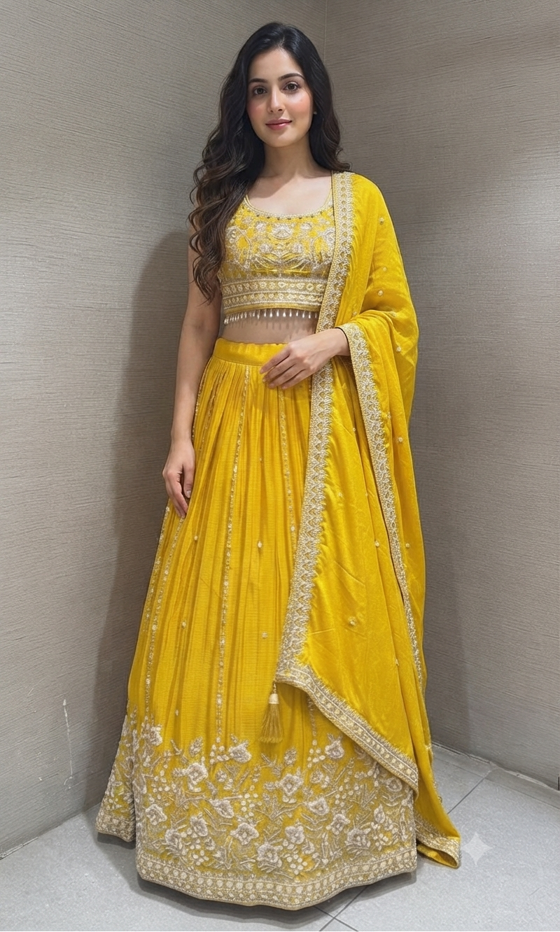 Vibrant Mustard Yellow Pleated Lehenga set
