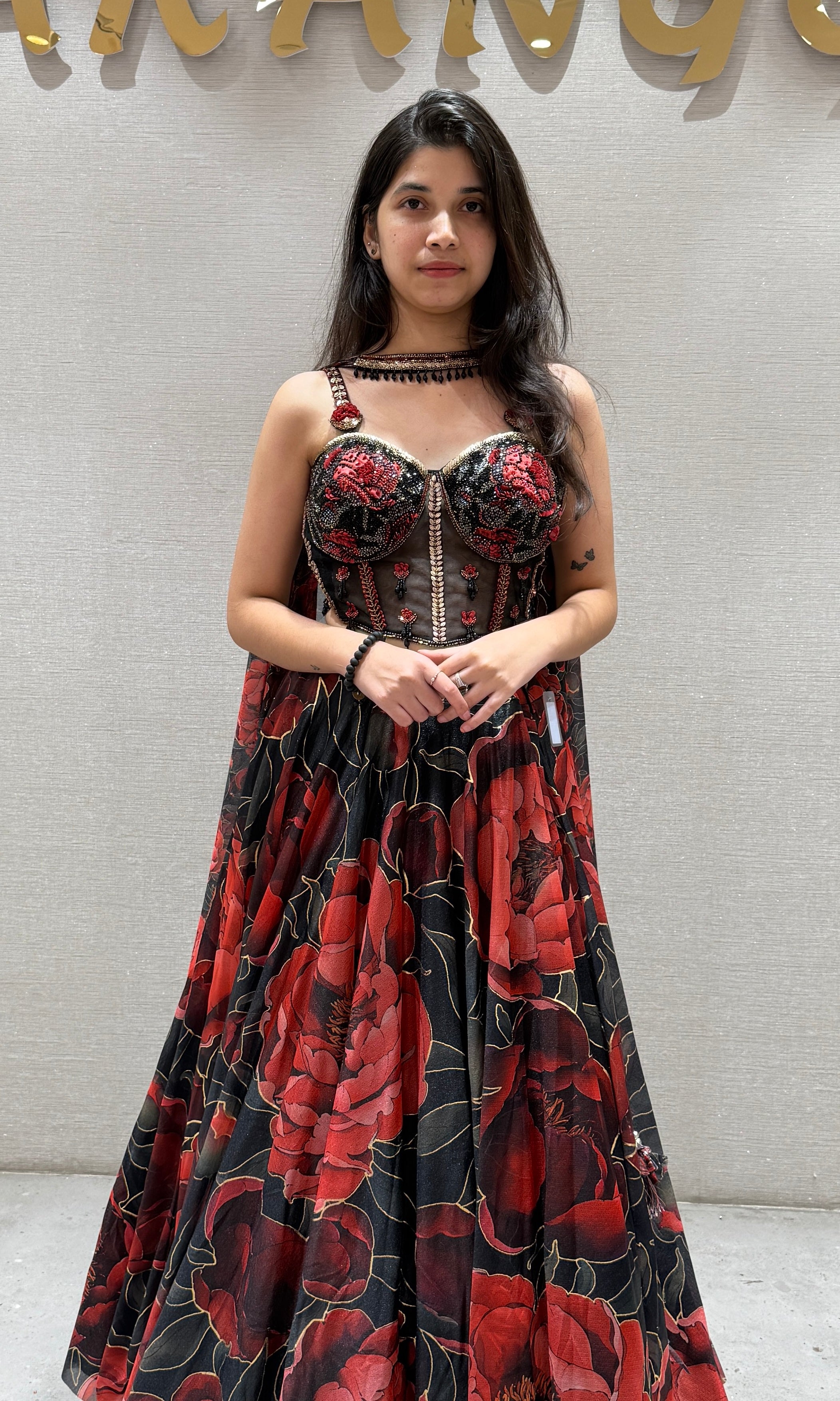 Black Red Floral Printed Lehenga Set