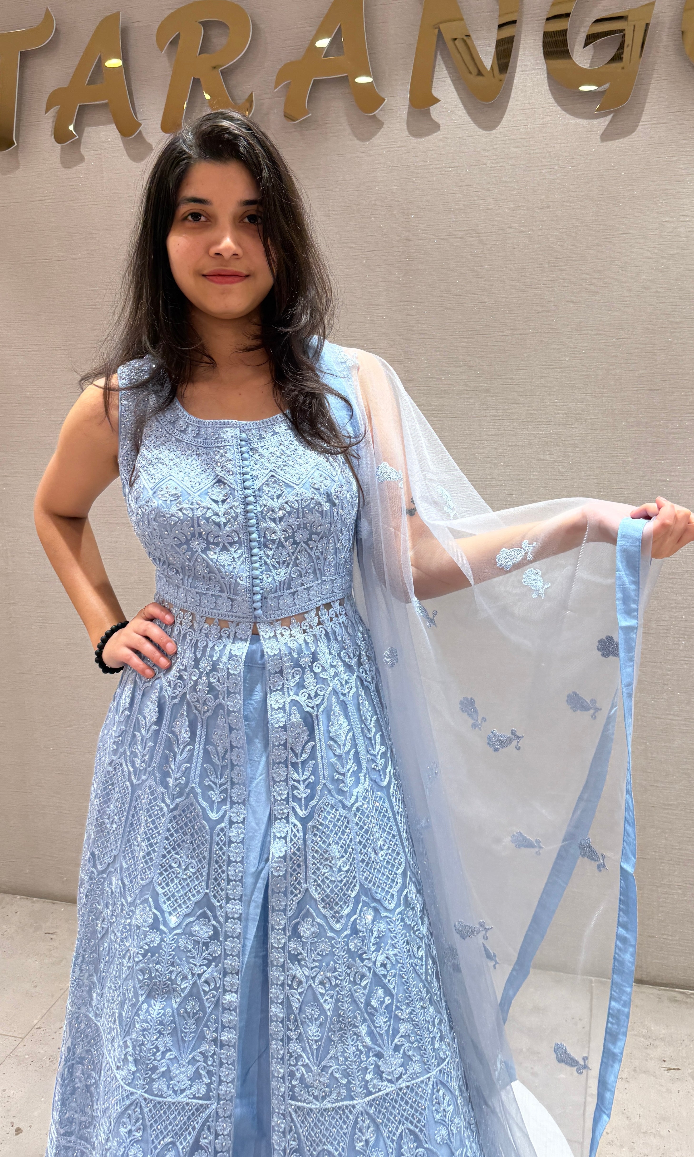 Sea blue EMBROIDERED front slit Anarkali