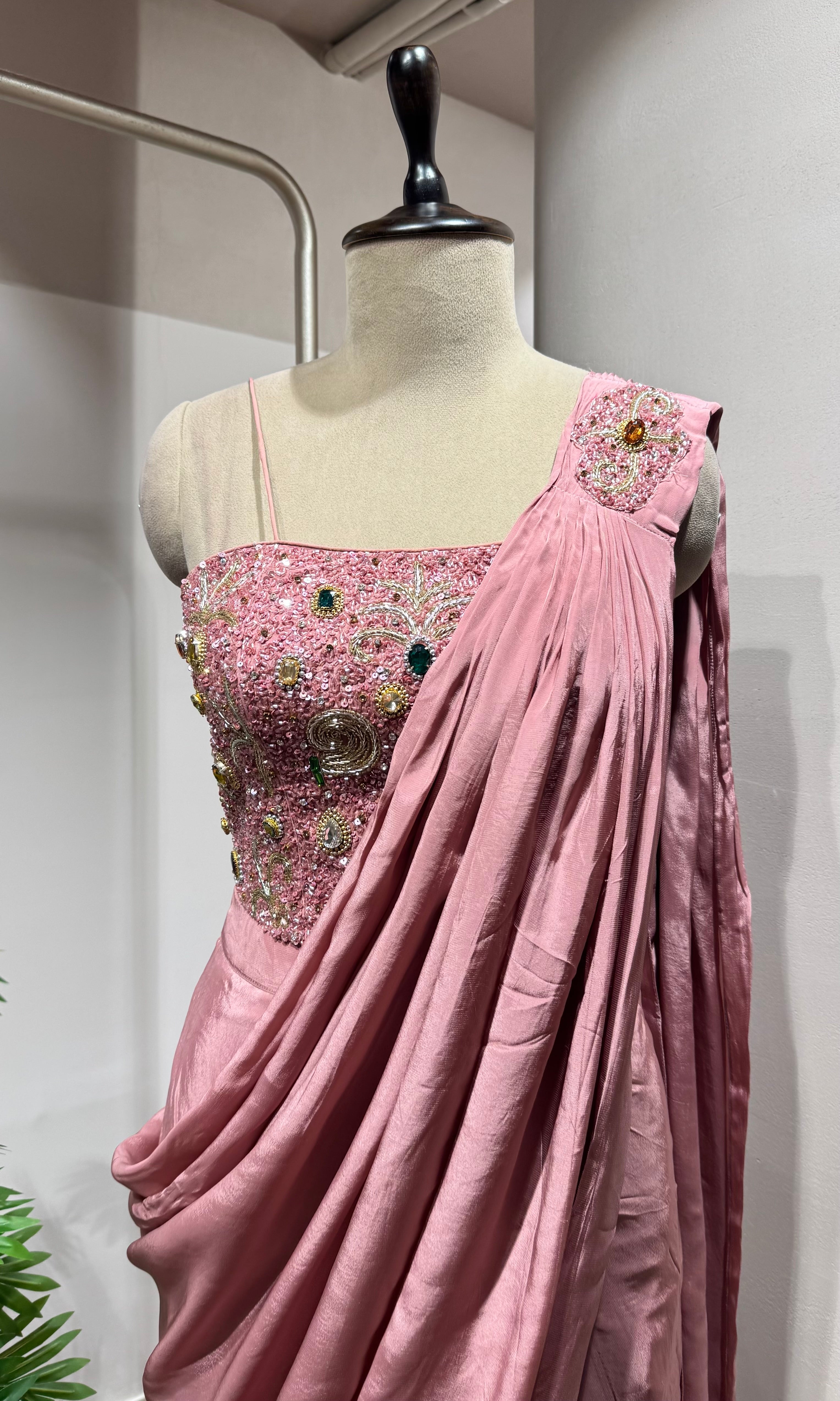 Onion Pink Georgette Drape Saree