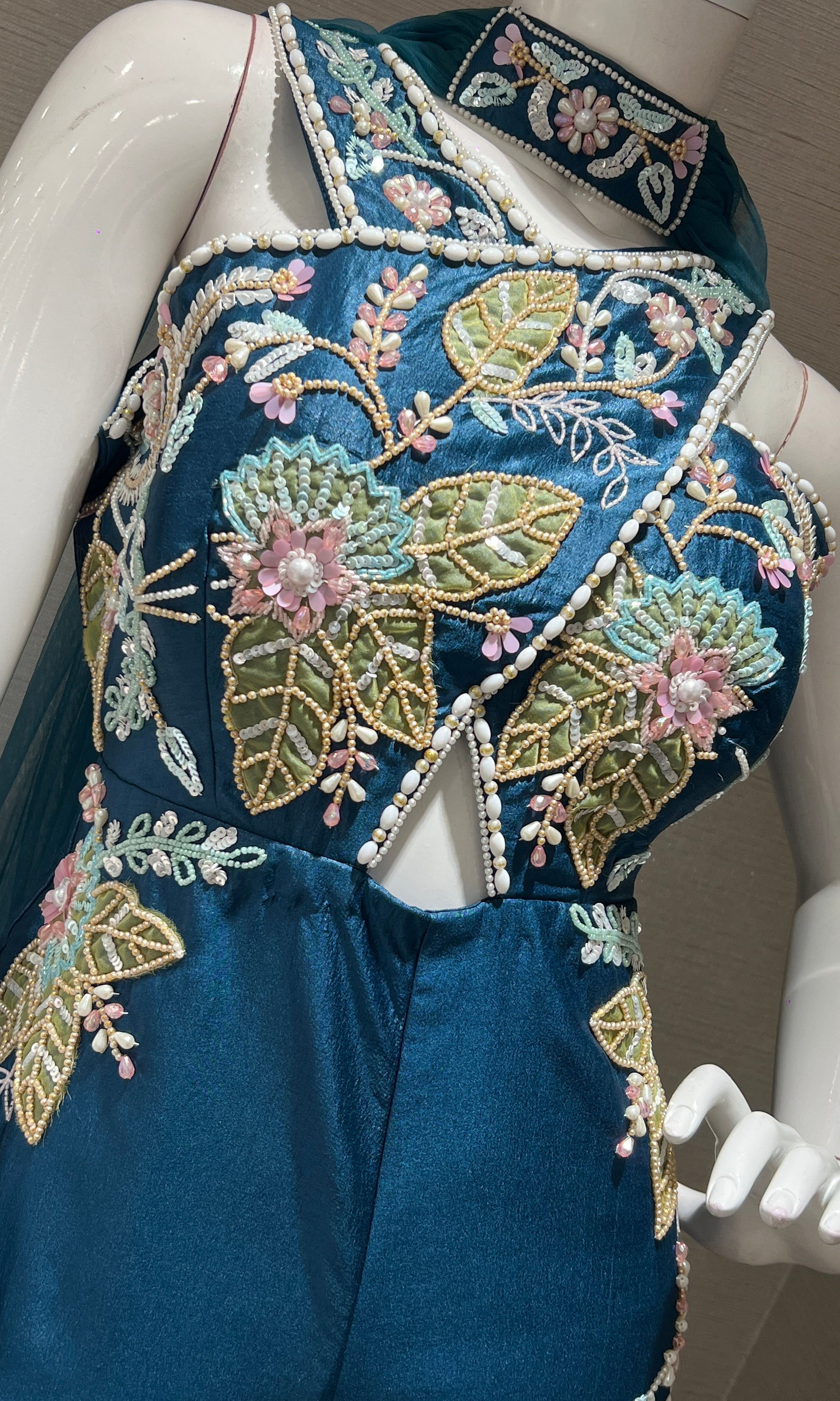 Teal blue Halter embellished jumpsuit