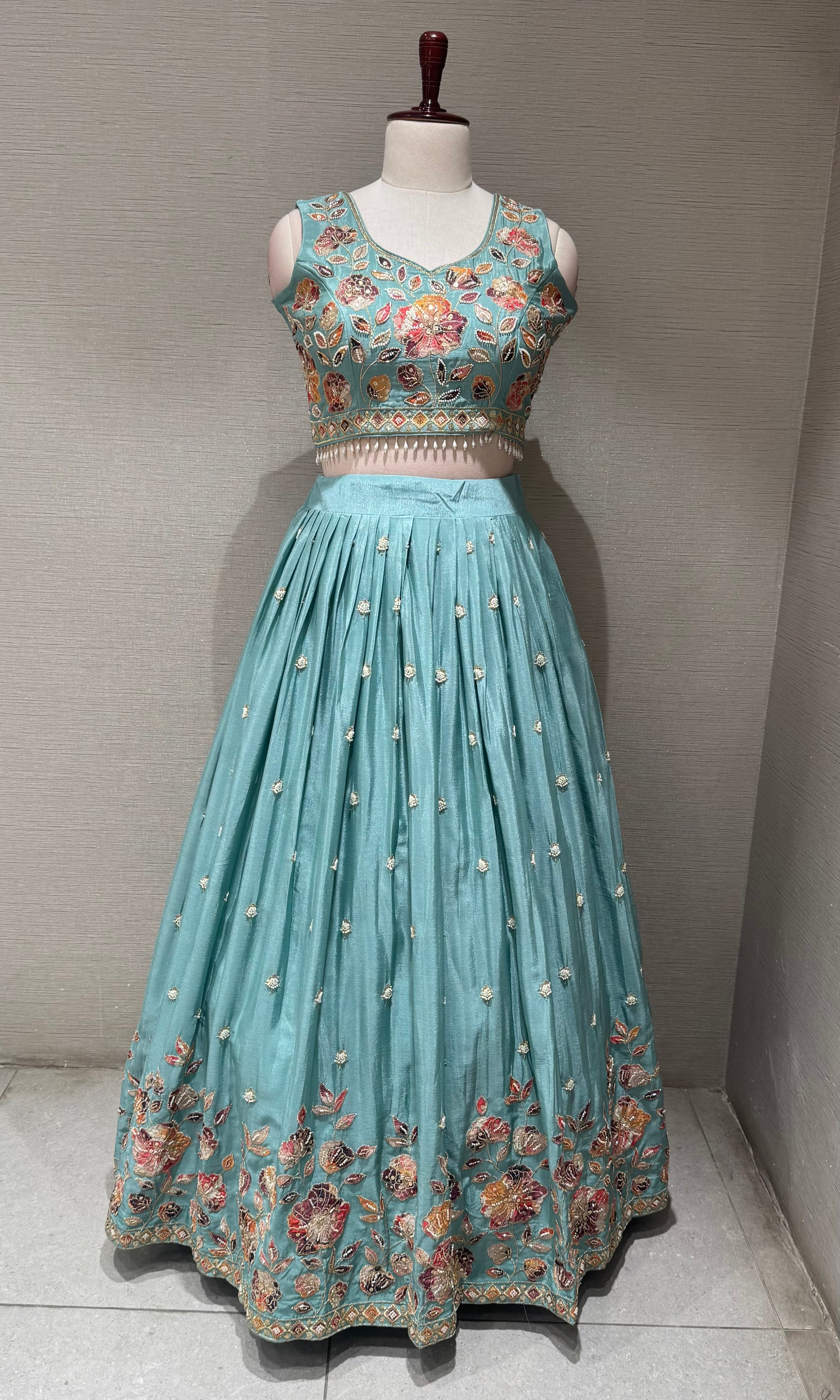 Sea blue Tissue silk Multi Floral Crop Top Lehenga set