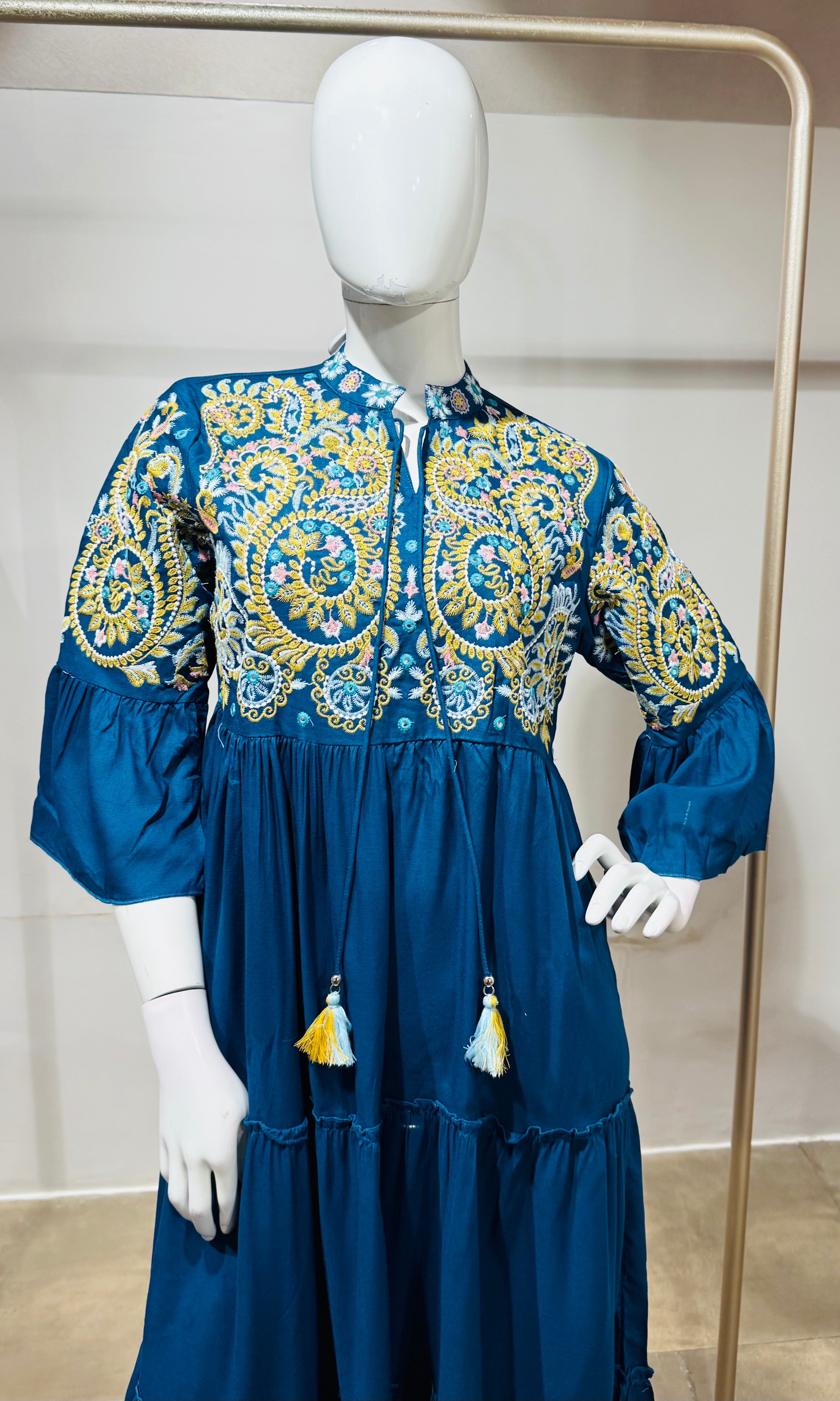 Blue Tiered Dress with Multicolor Embroidered Yoke