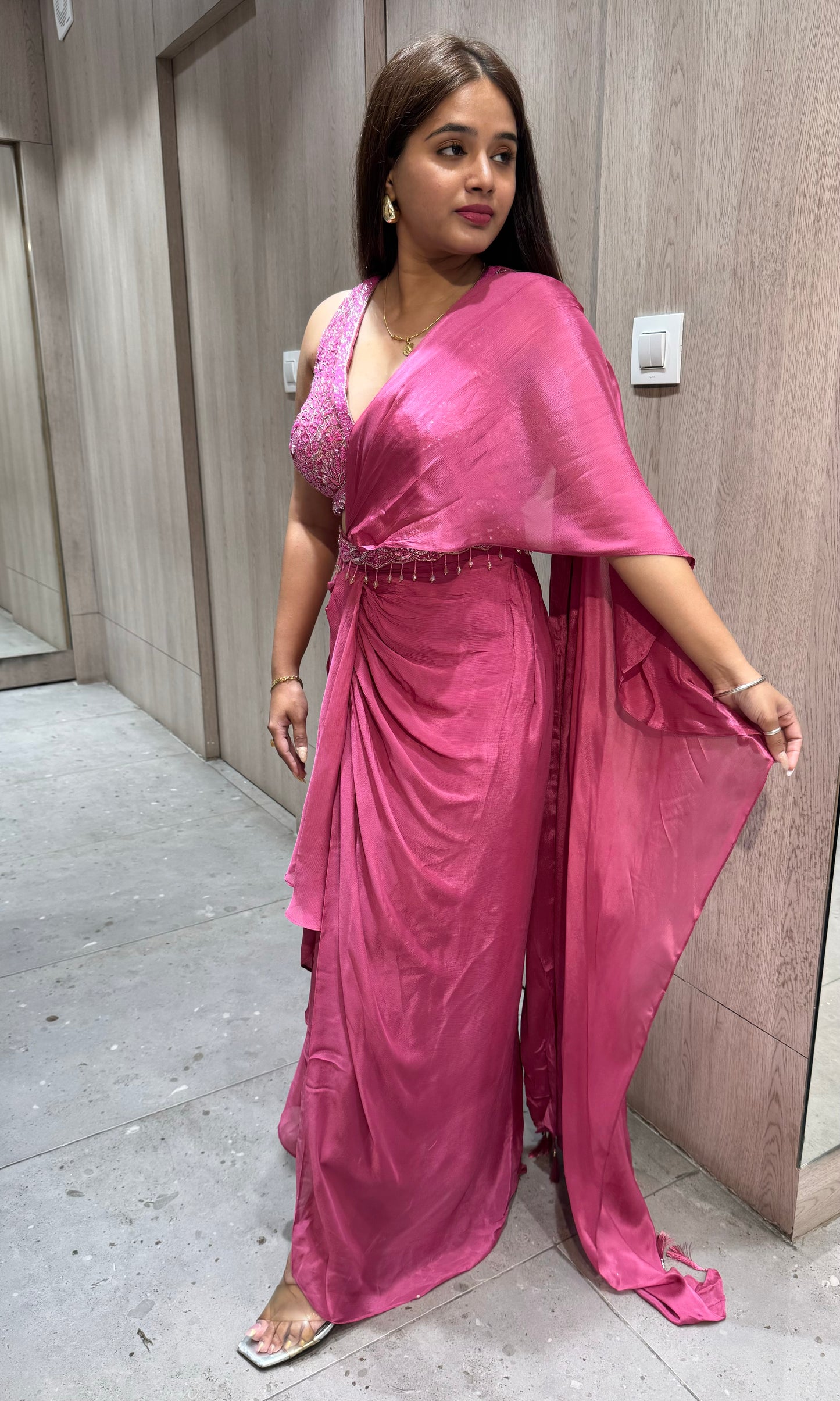 🌸Onion Pink drape saree one minute saree, ready to wear🌸