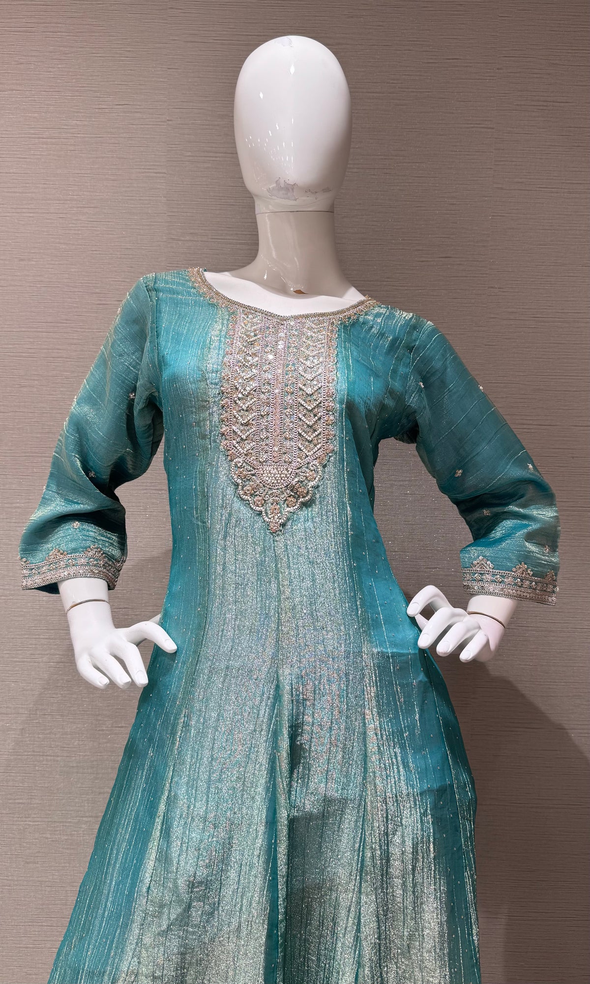 Sea Blue Shimmer Tissue Silk embroidered anarkali set with dupatta