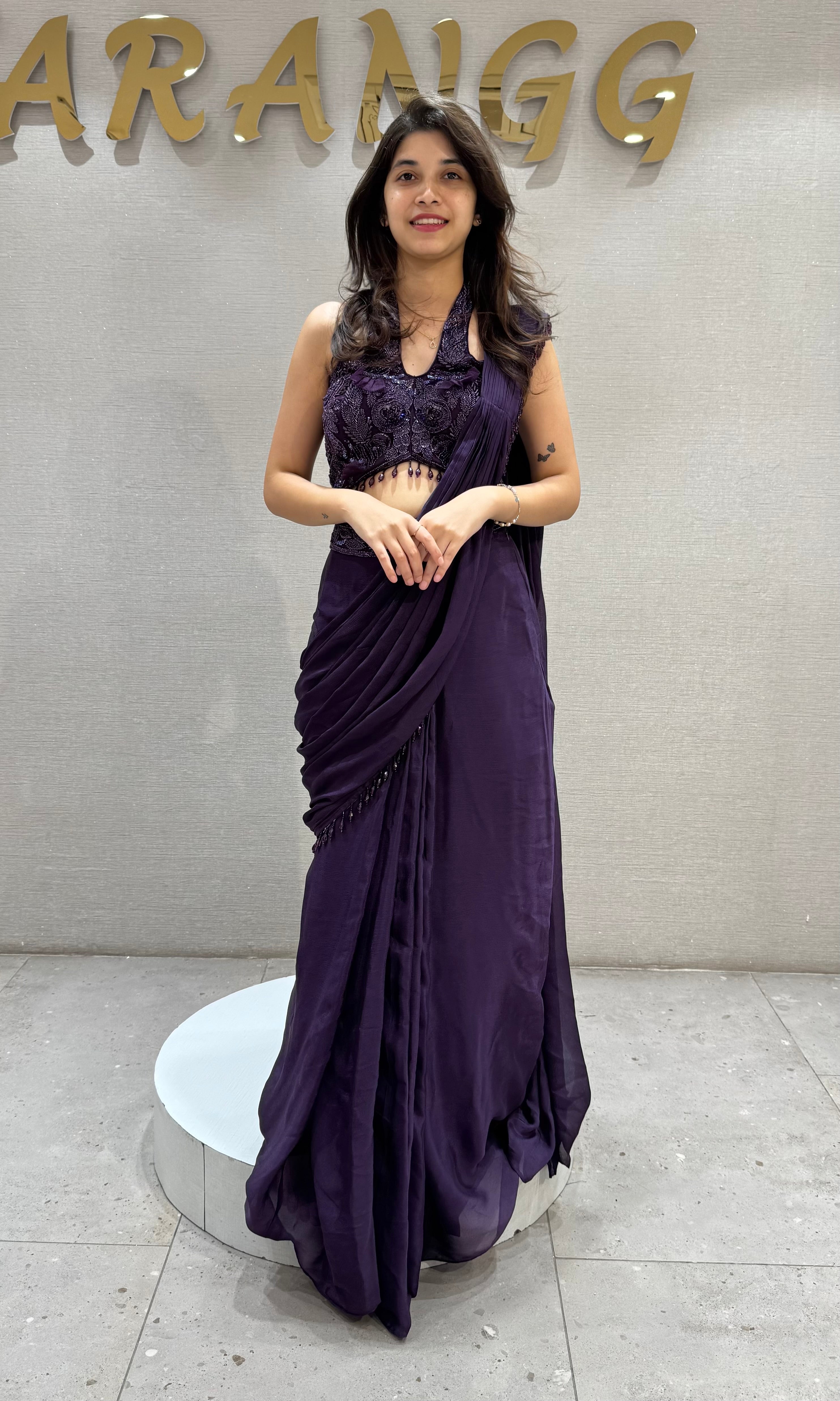 Wine Embellished Ruffle Drape Saree