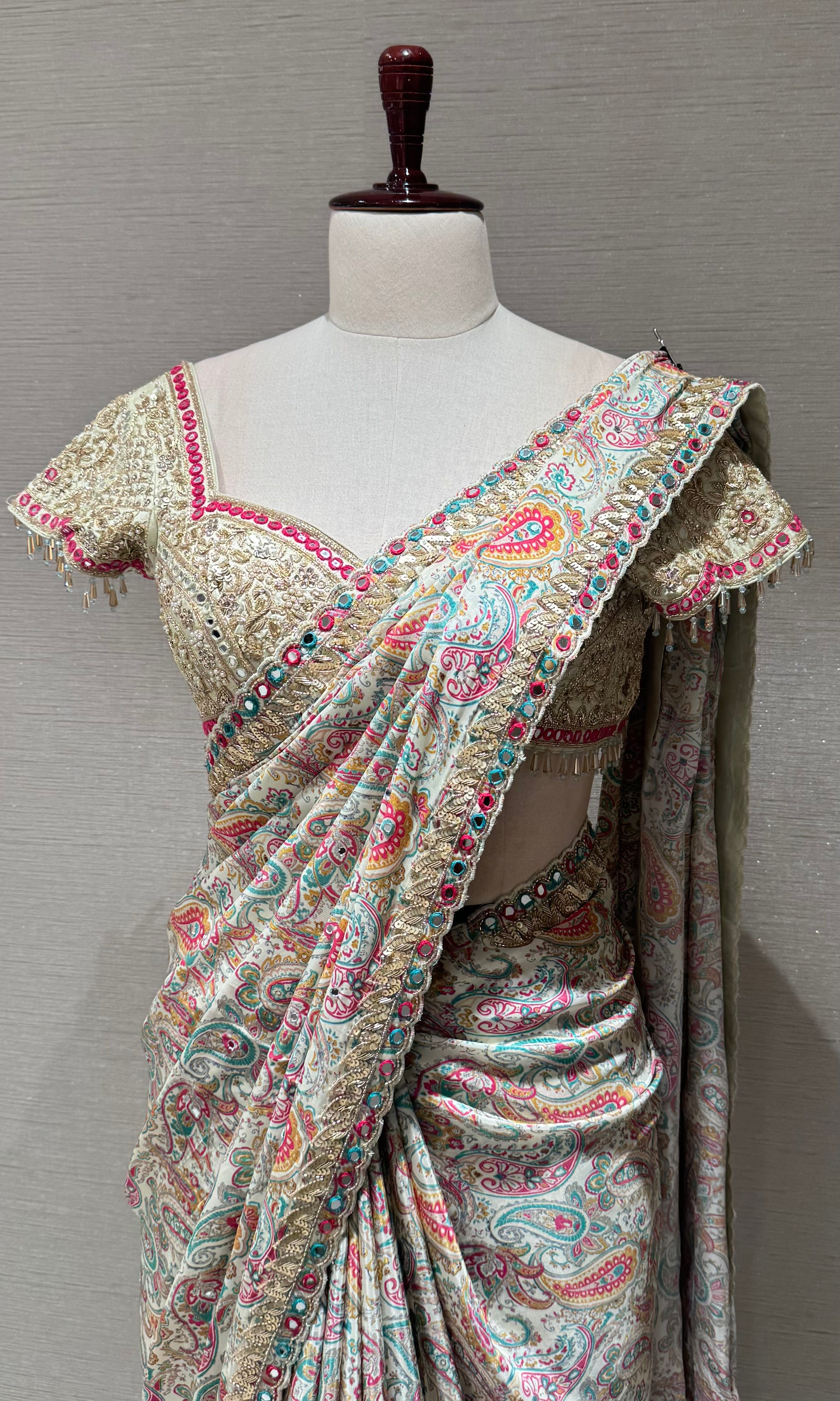 Green multicolor printed designer saree with embroidered blouse