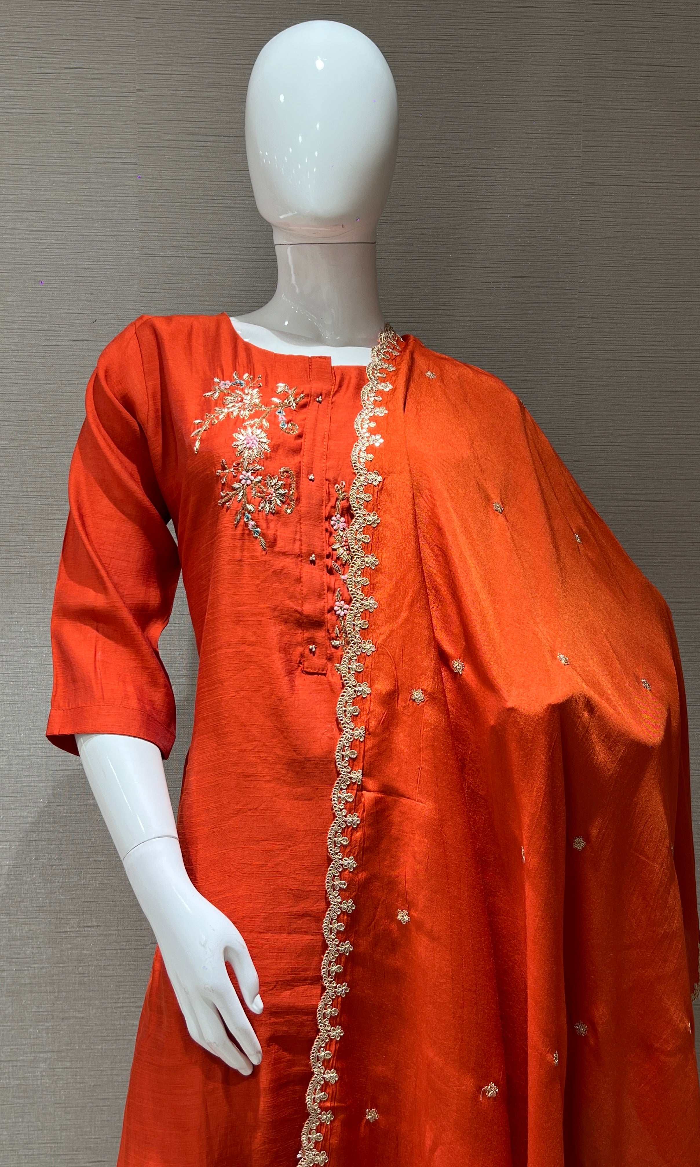 Rust Embroidered Kurta set with dupatta
