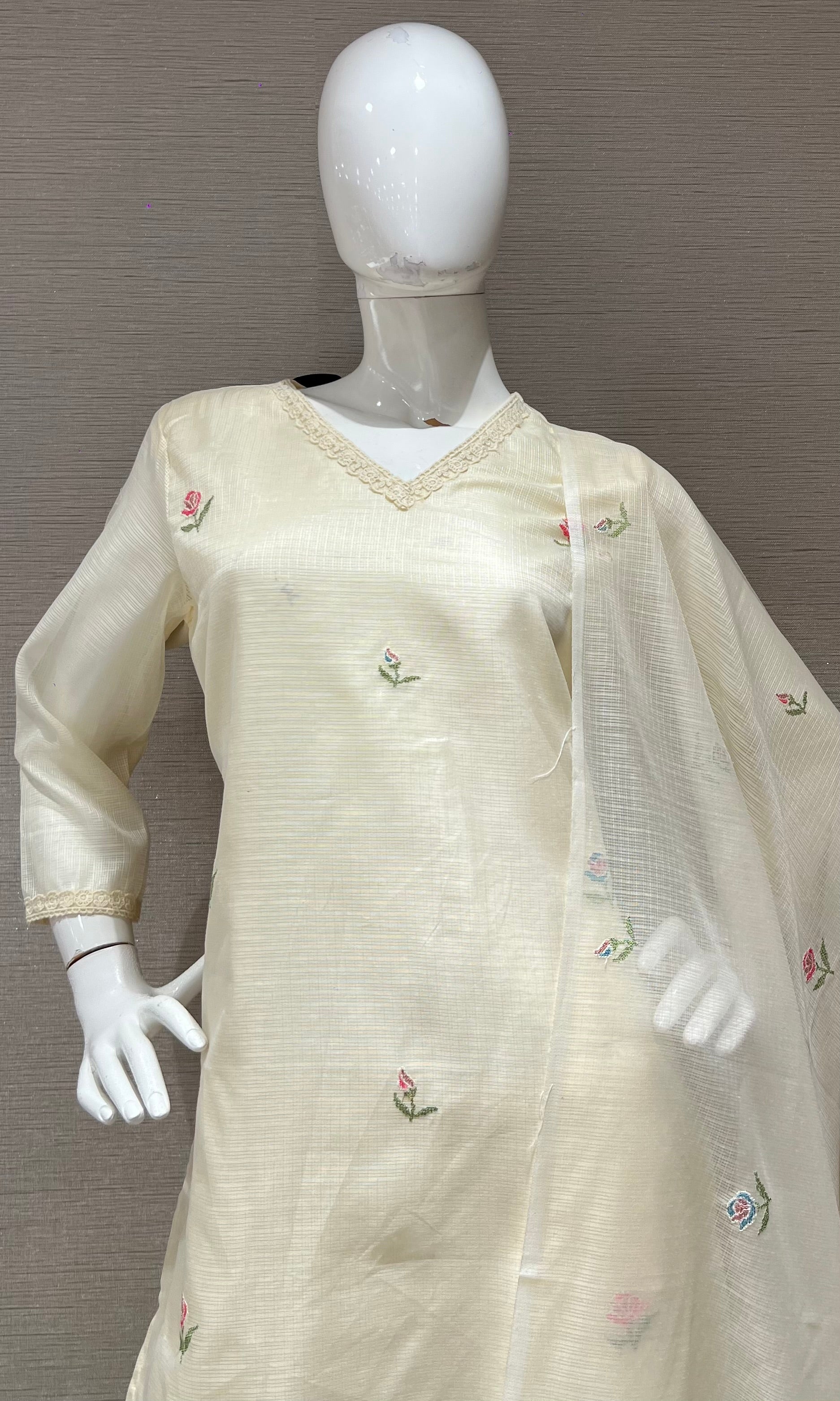 Cream Blossom Chanderi Kurta Set