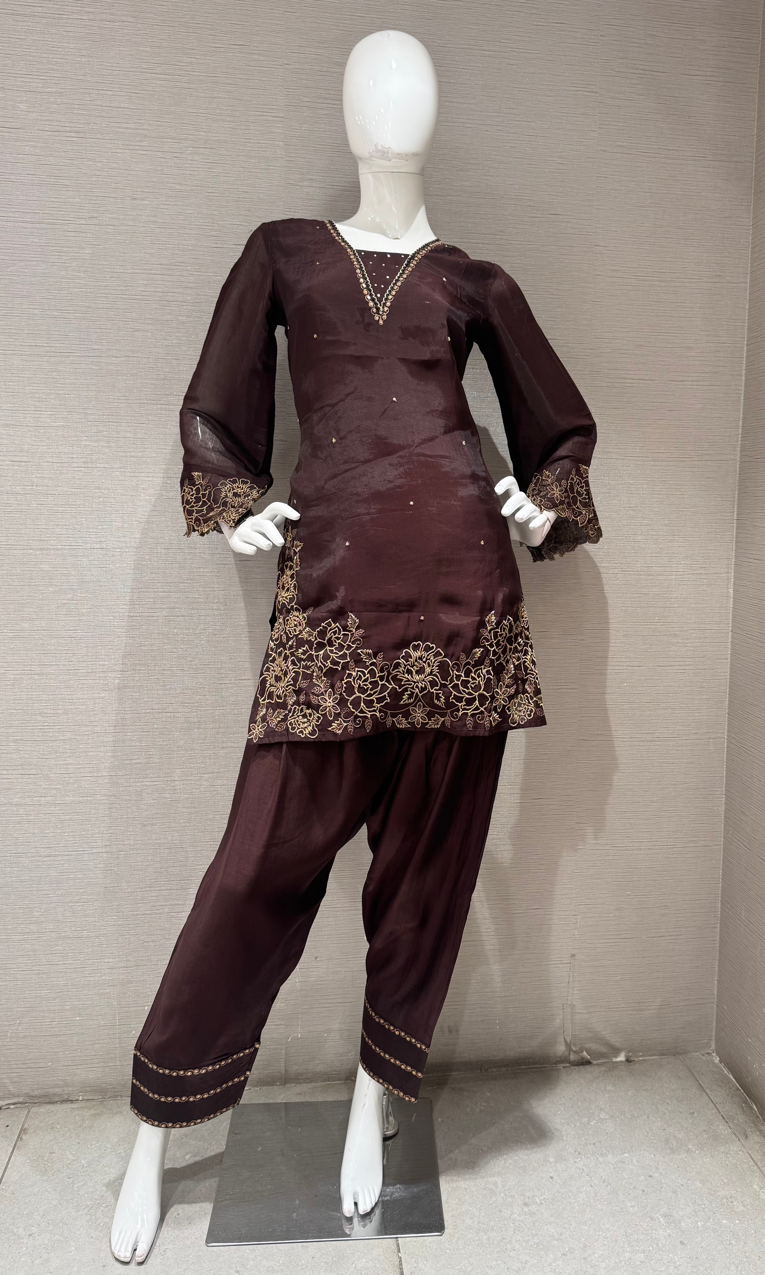 Brown floral farsi salwar kurta set