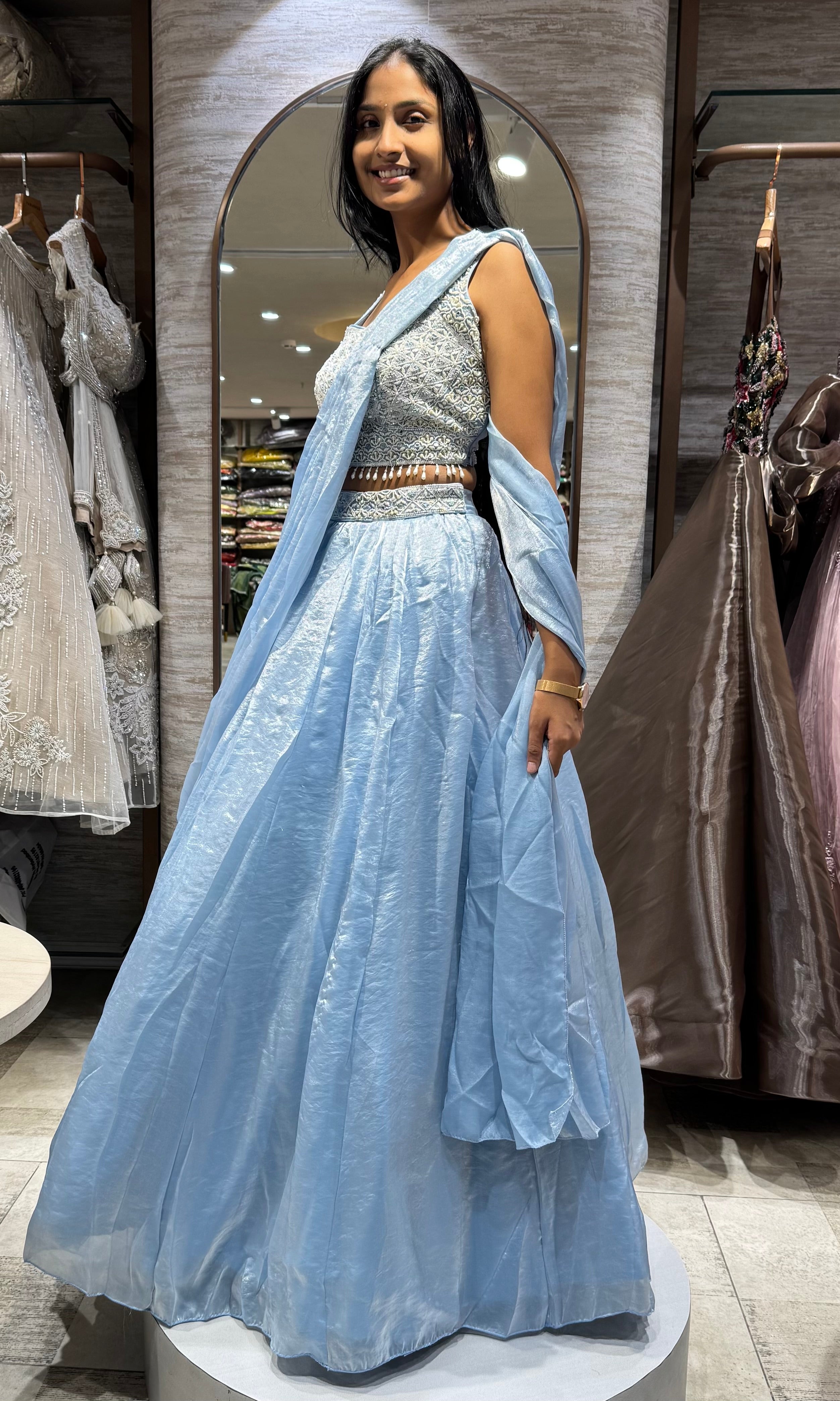 sea Blue Organza Bead Embroidered Lehenga