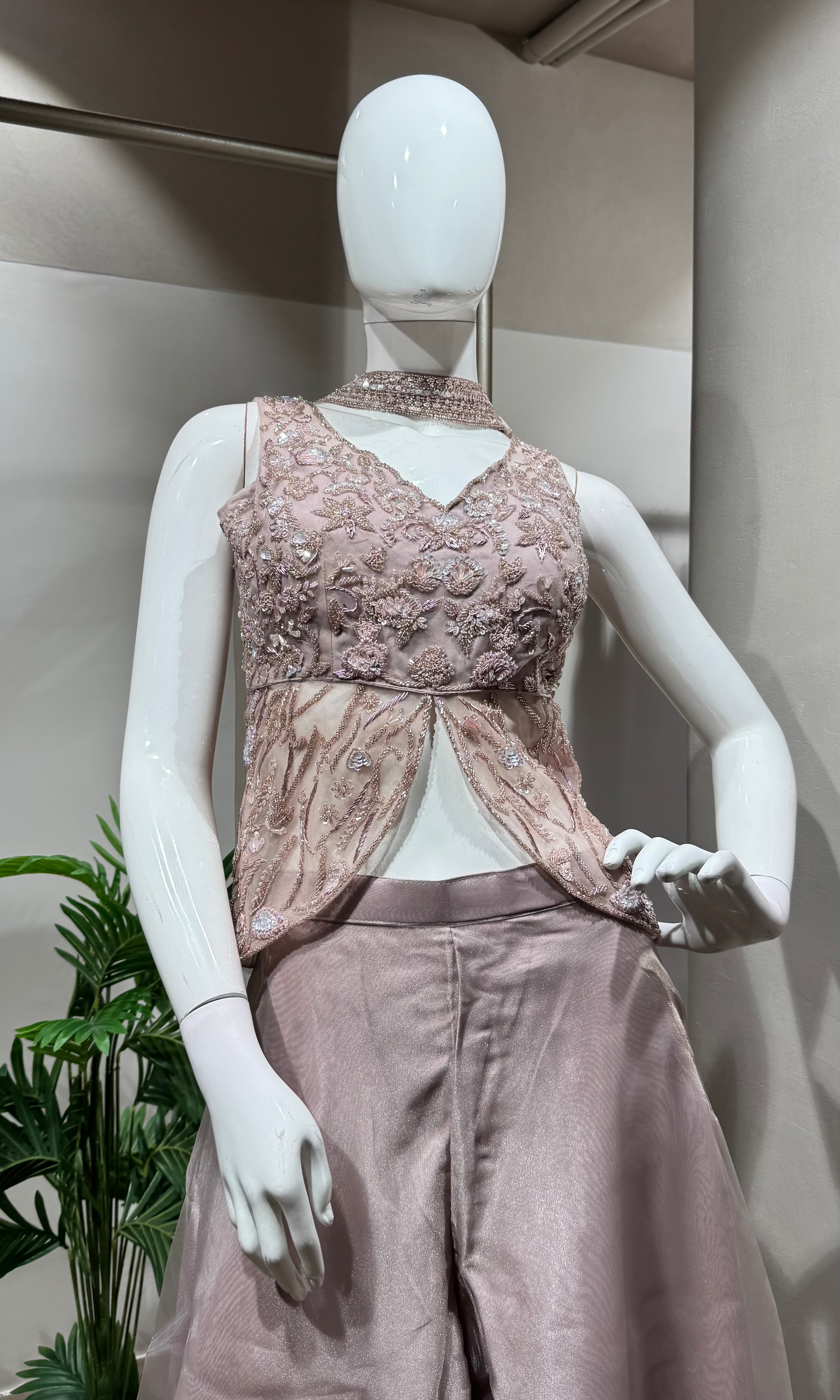 pink embellished crop top and palazzo set