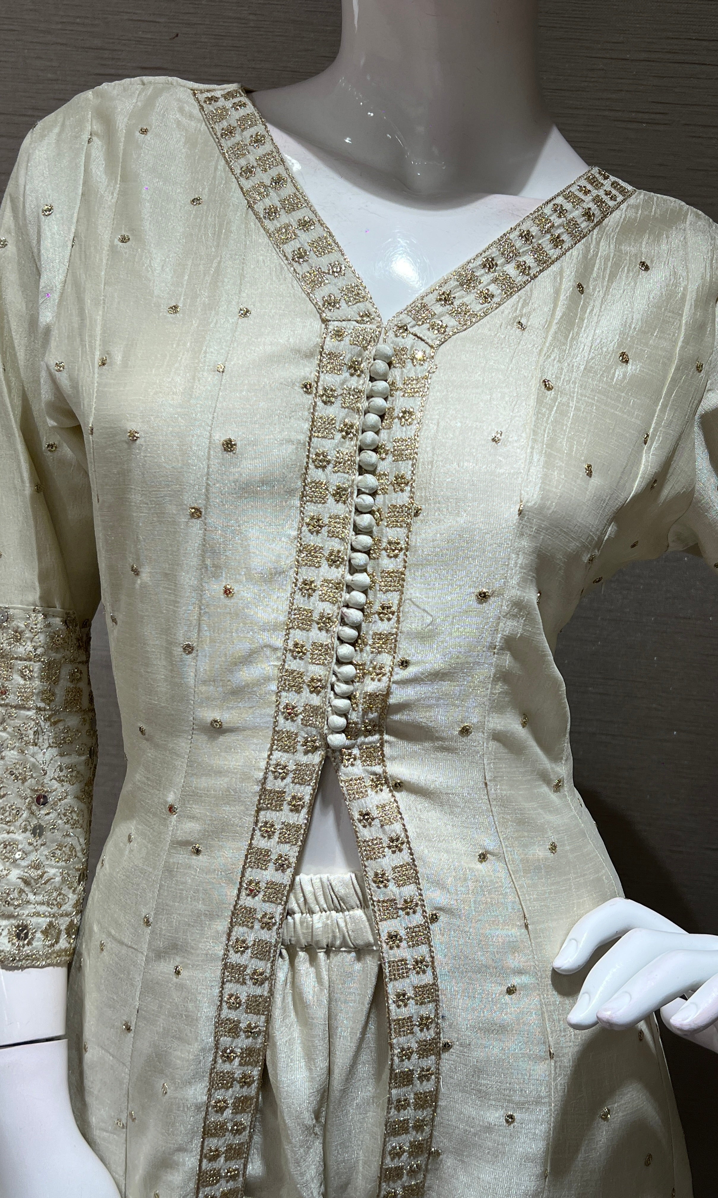 Cream embroidered front slit Anarkali