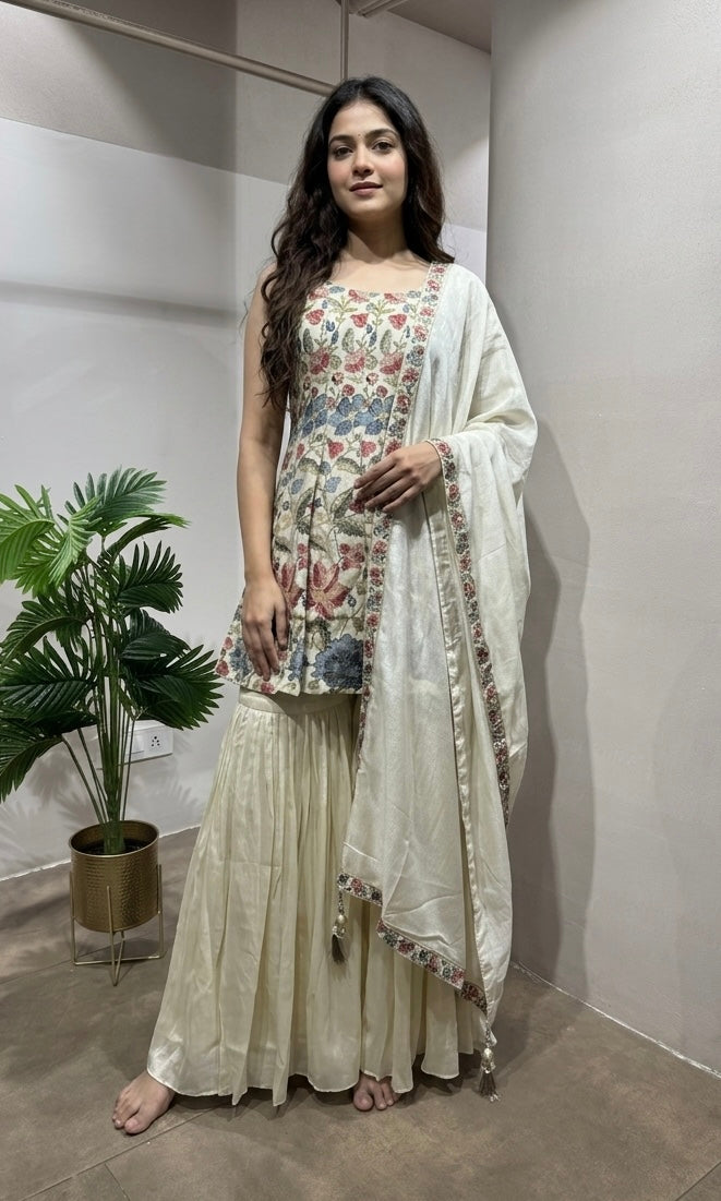 CREAM Floral Embroidery SHARARA Set