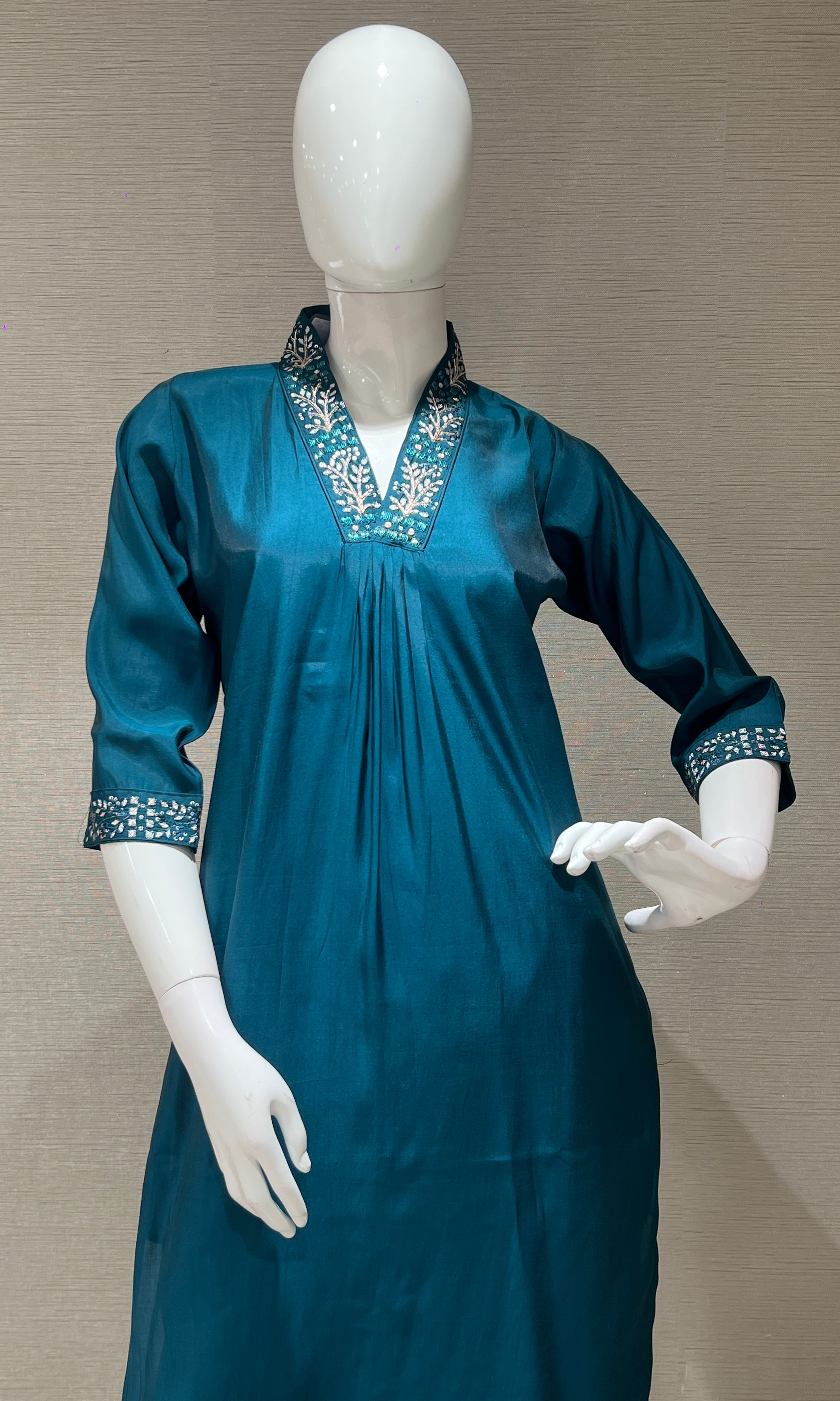 blue kurta set with gold dupatta