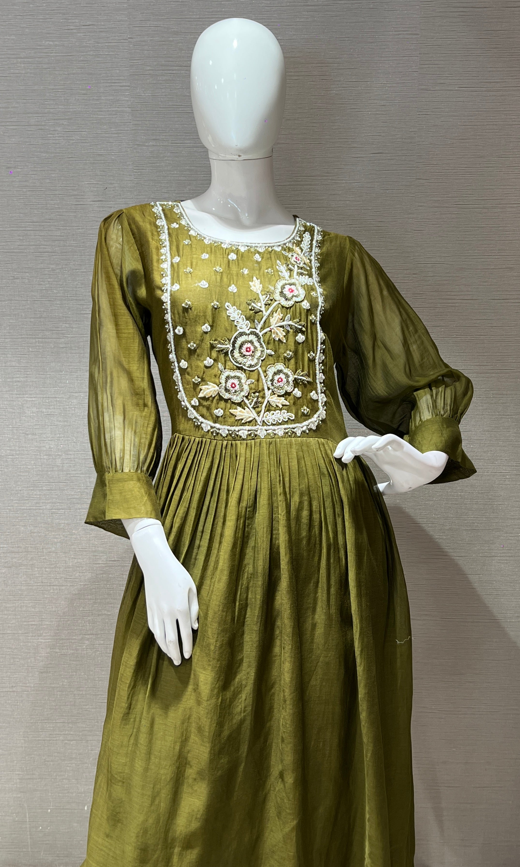 olive green Mul Chanderi kurta set
