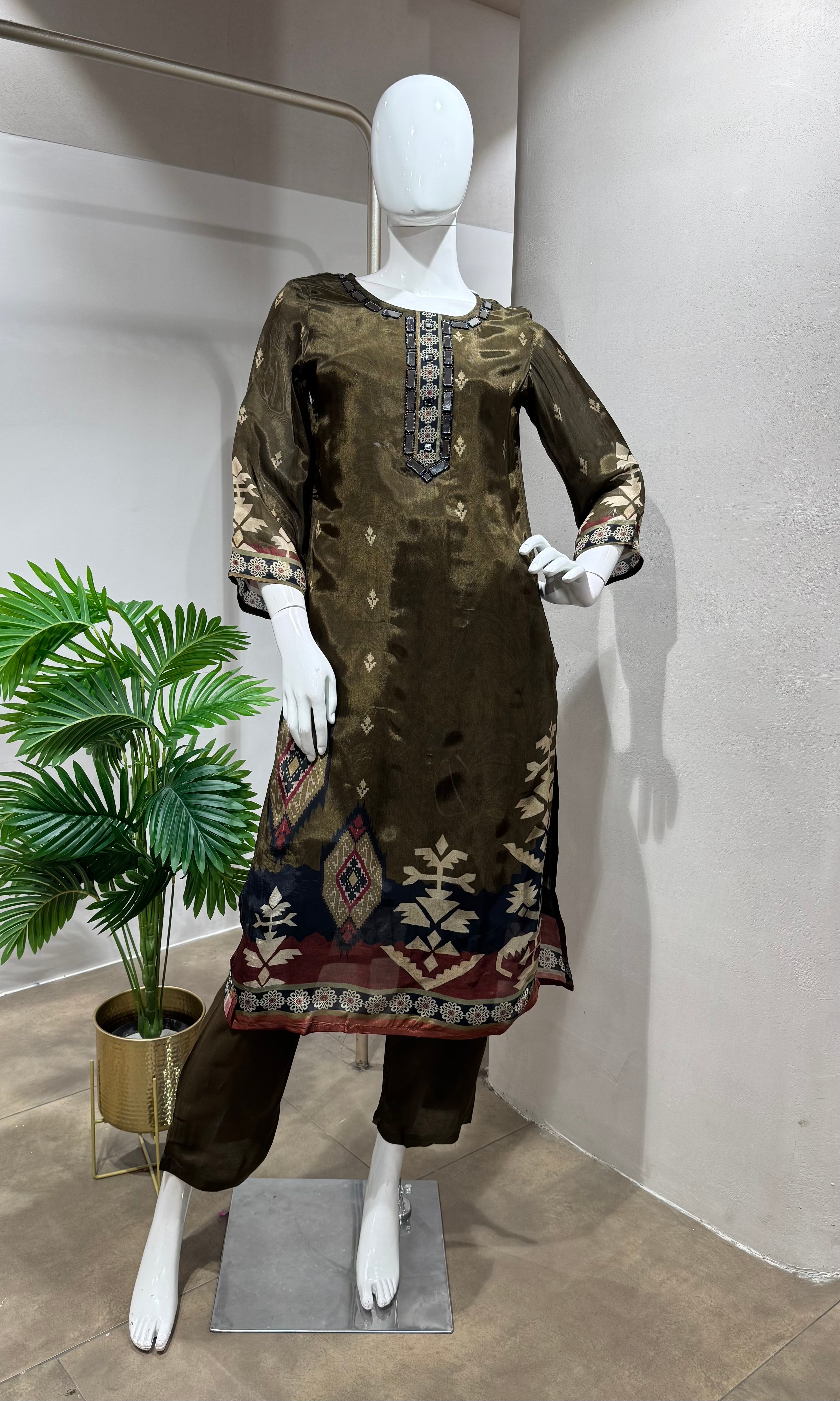 brown Embroidered Kurta Set