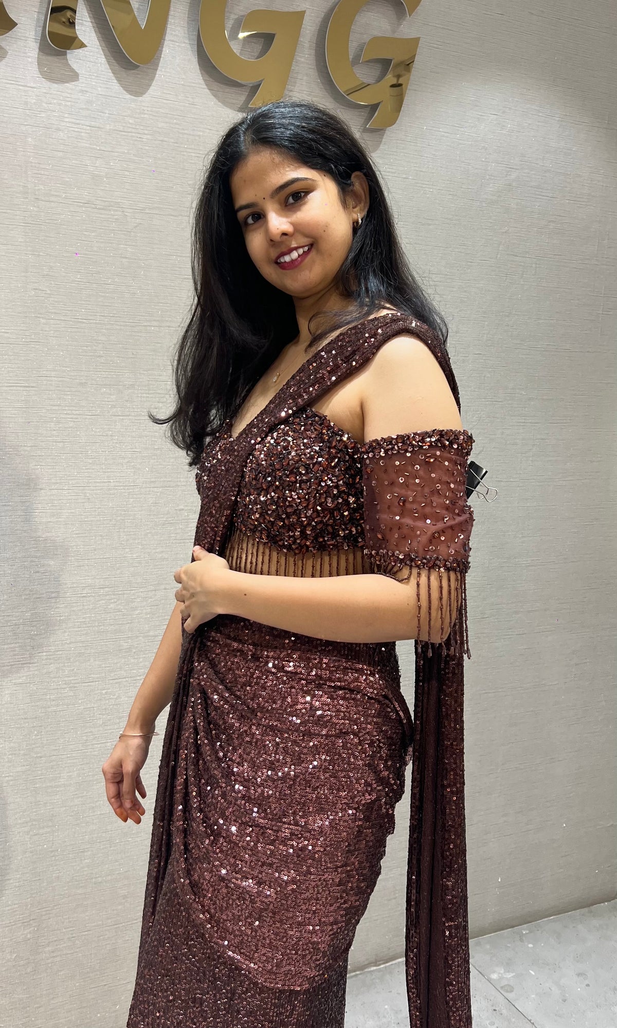 Copper Sequined Draped Saree with Off-Shoulder Blouse