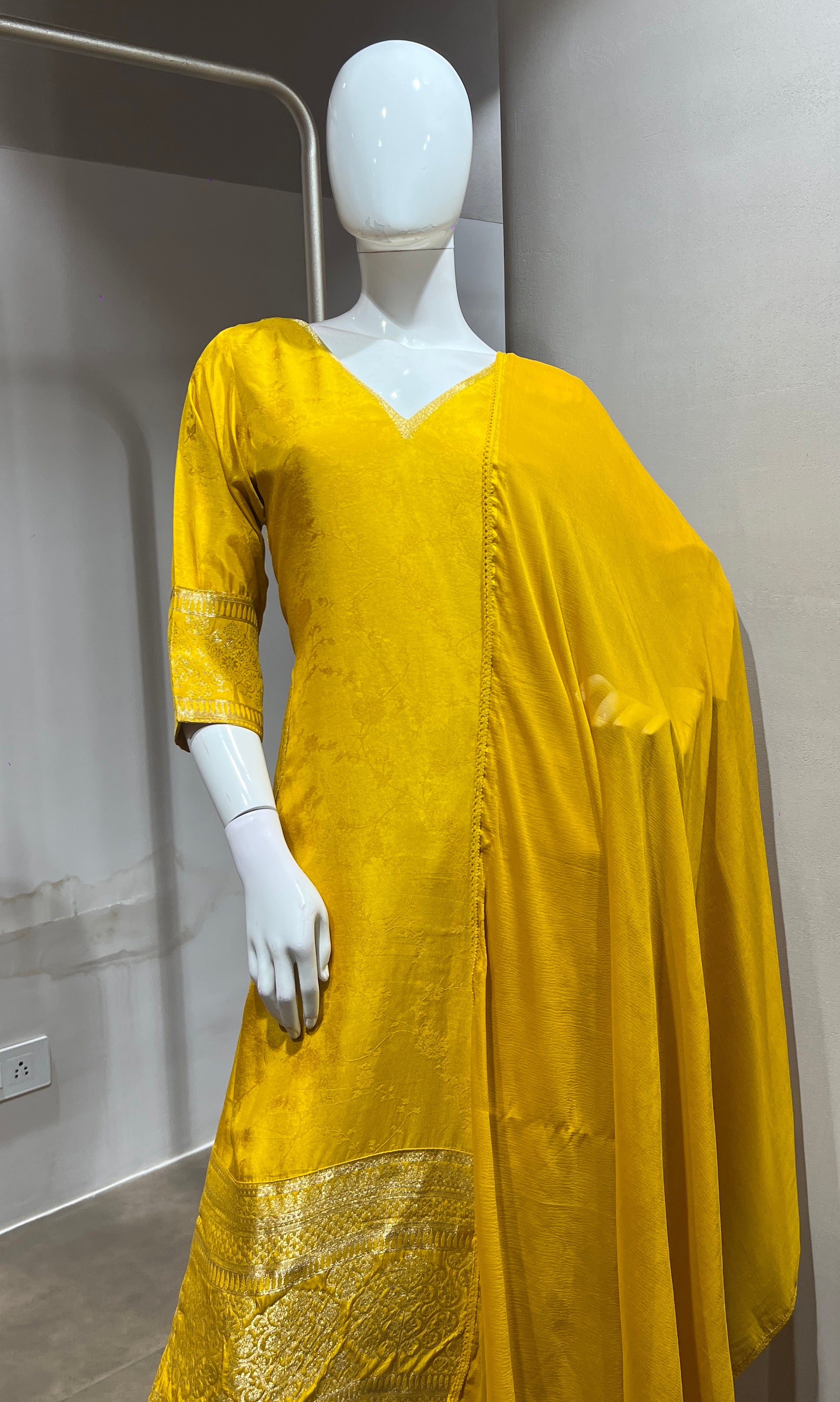Yellow Silk Straight Kurta Set with Gold Border