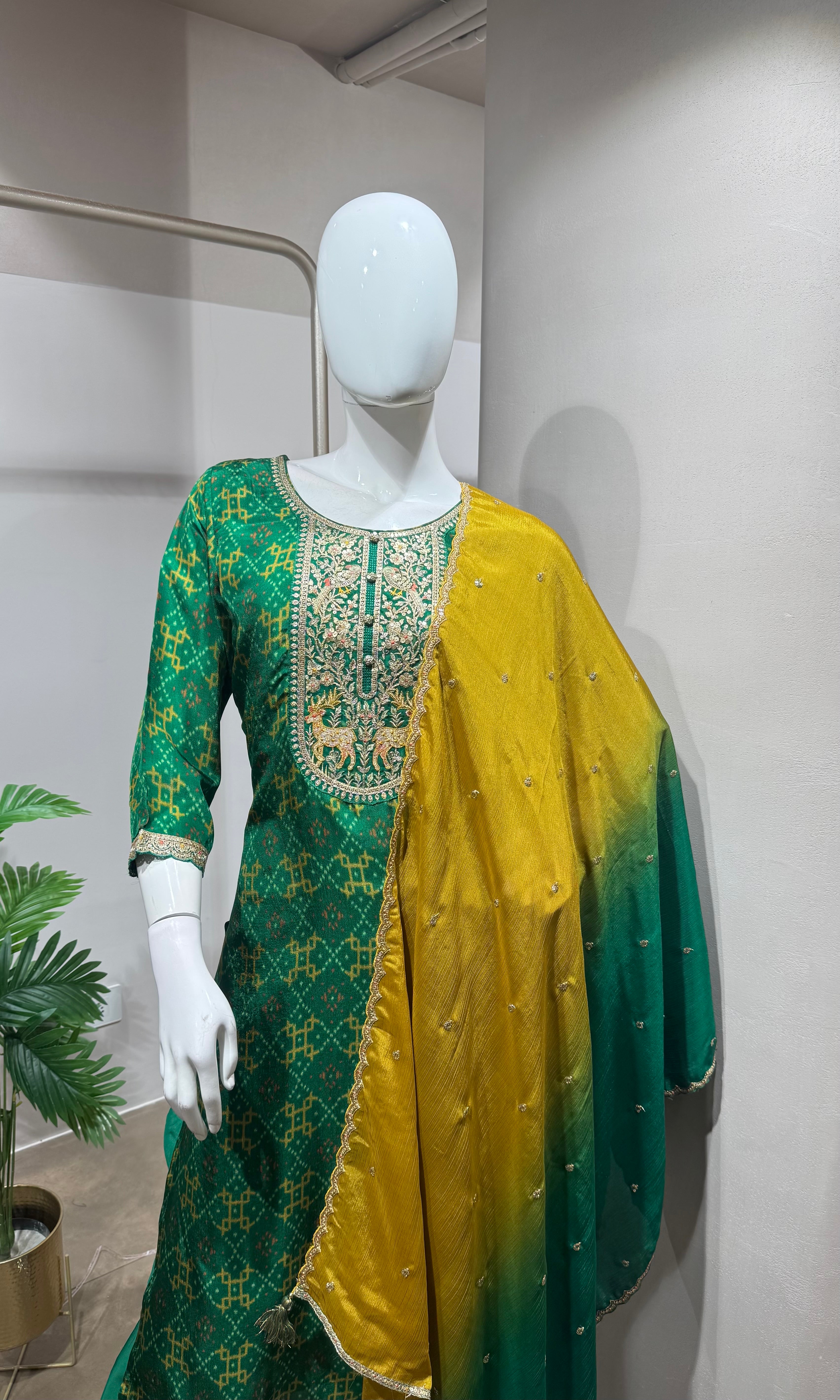 Green embroidered kurta set with dupatta