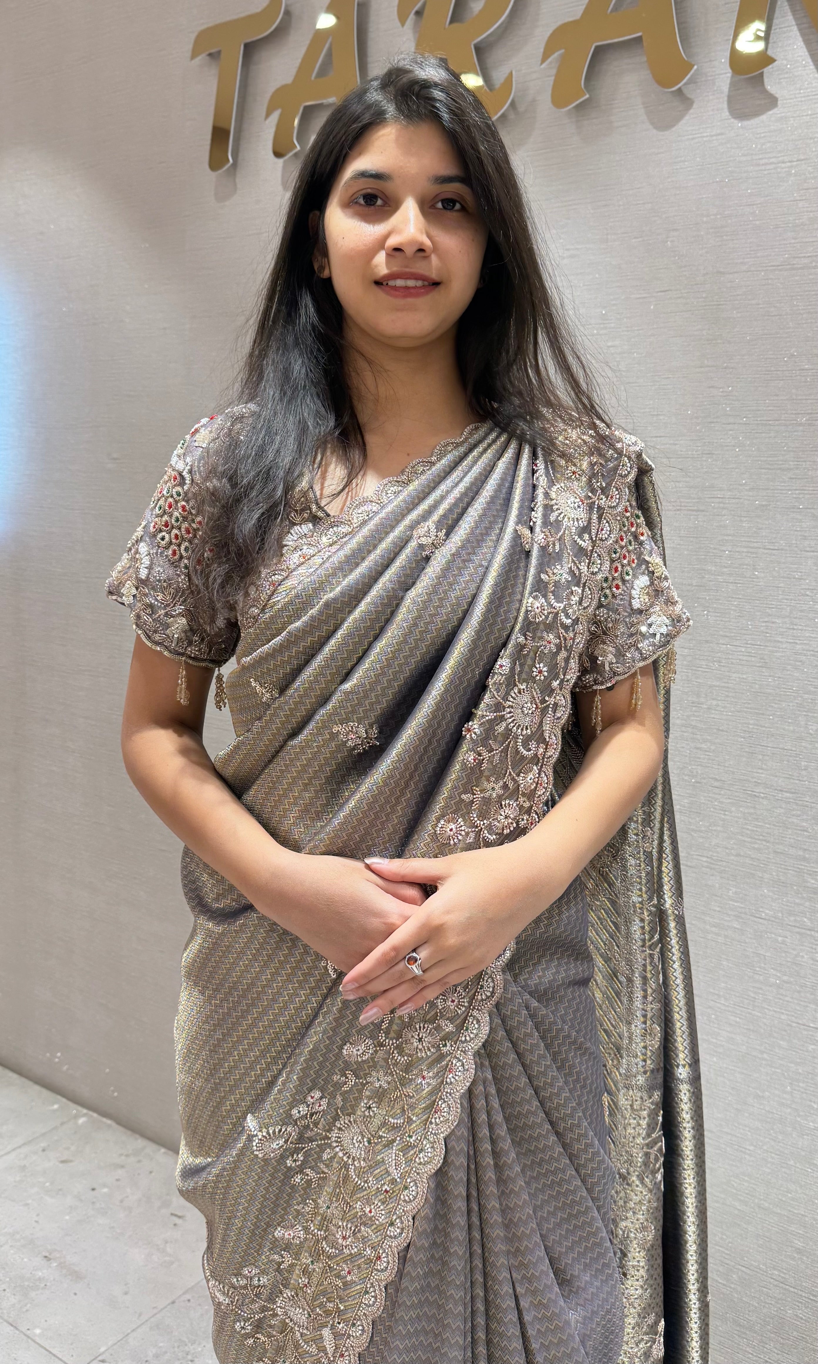 Grey FLORAL saree WITH READY BLOUSE