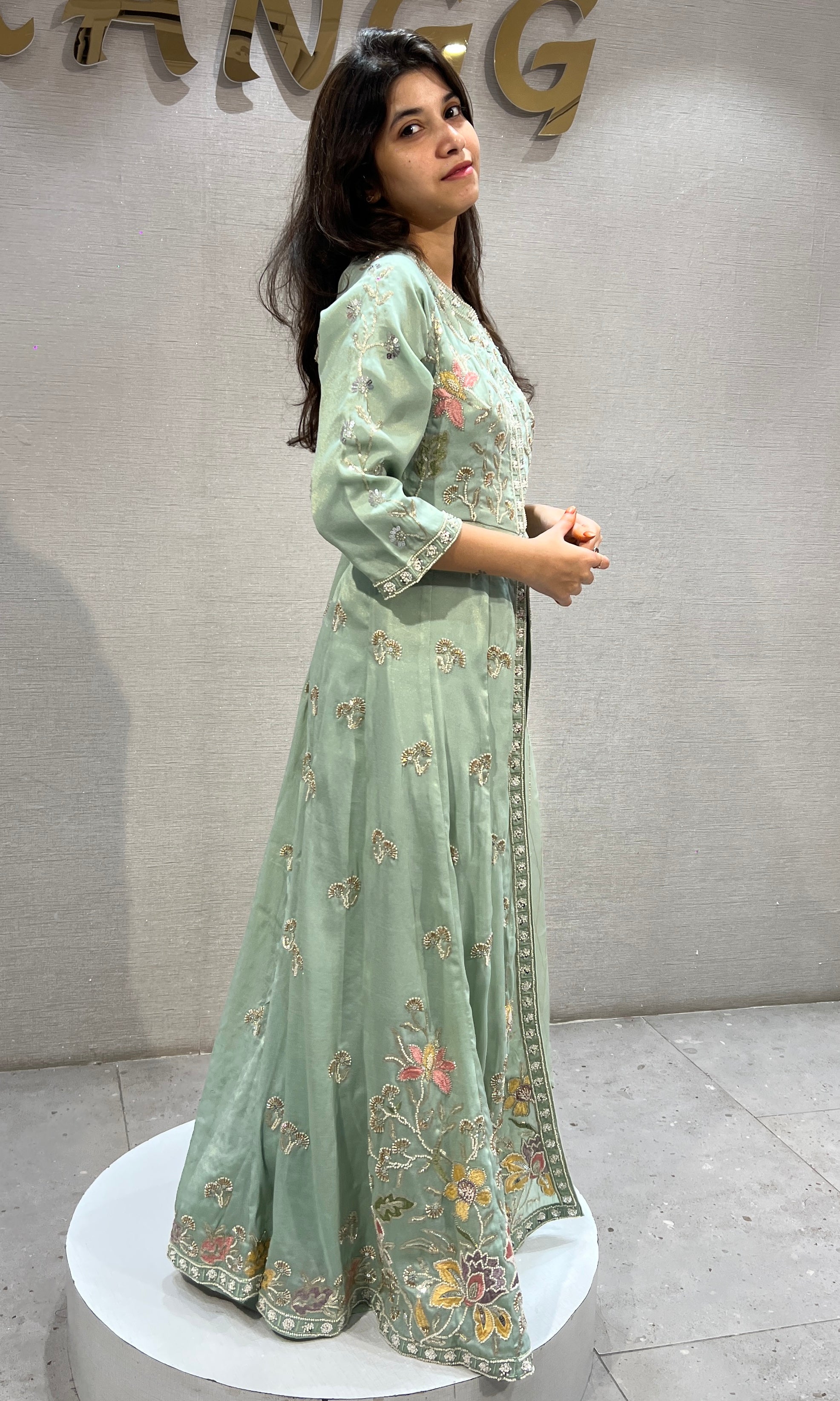 Sea Green Ethnic Anarkali front slit with Palazzo pants