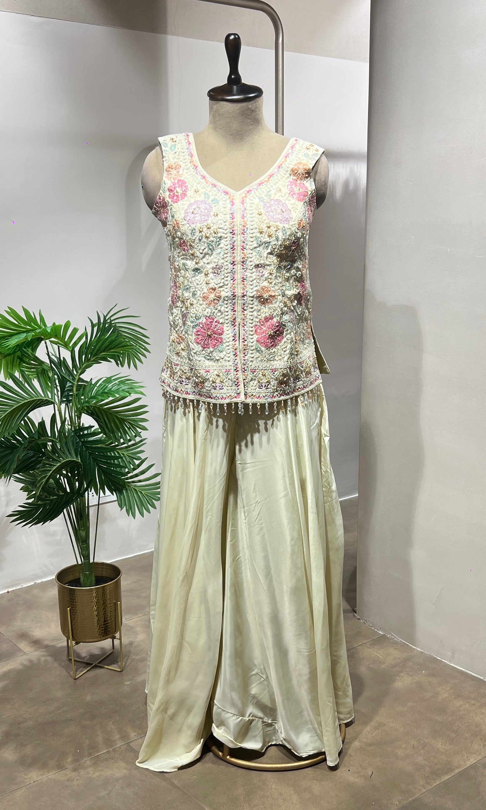 Cream Floral Embroidered Palazzo Suit