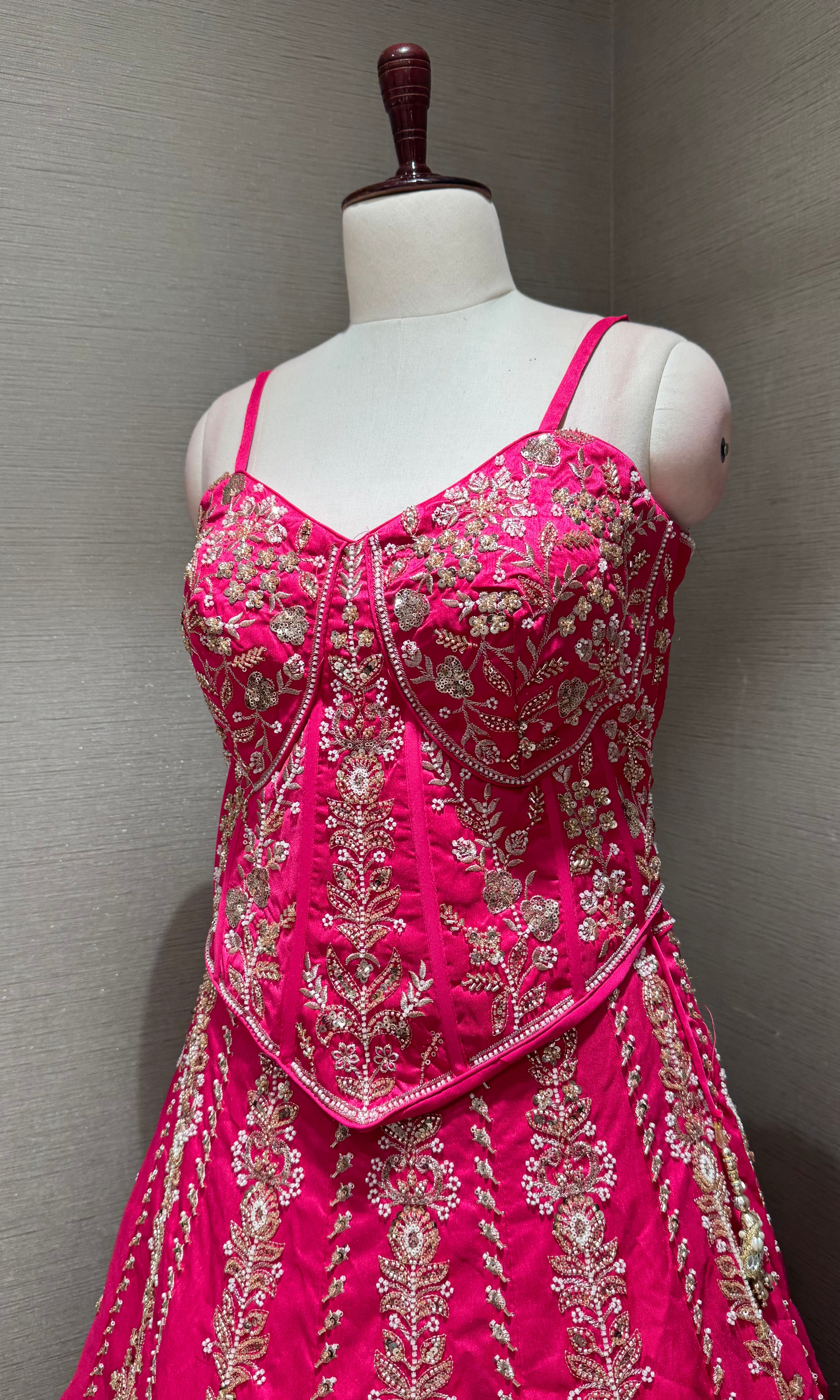 PINK EMBROIDERED PEPLUM CROP TOP LEHENGA SET
