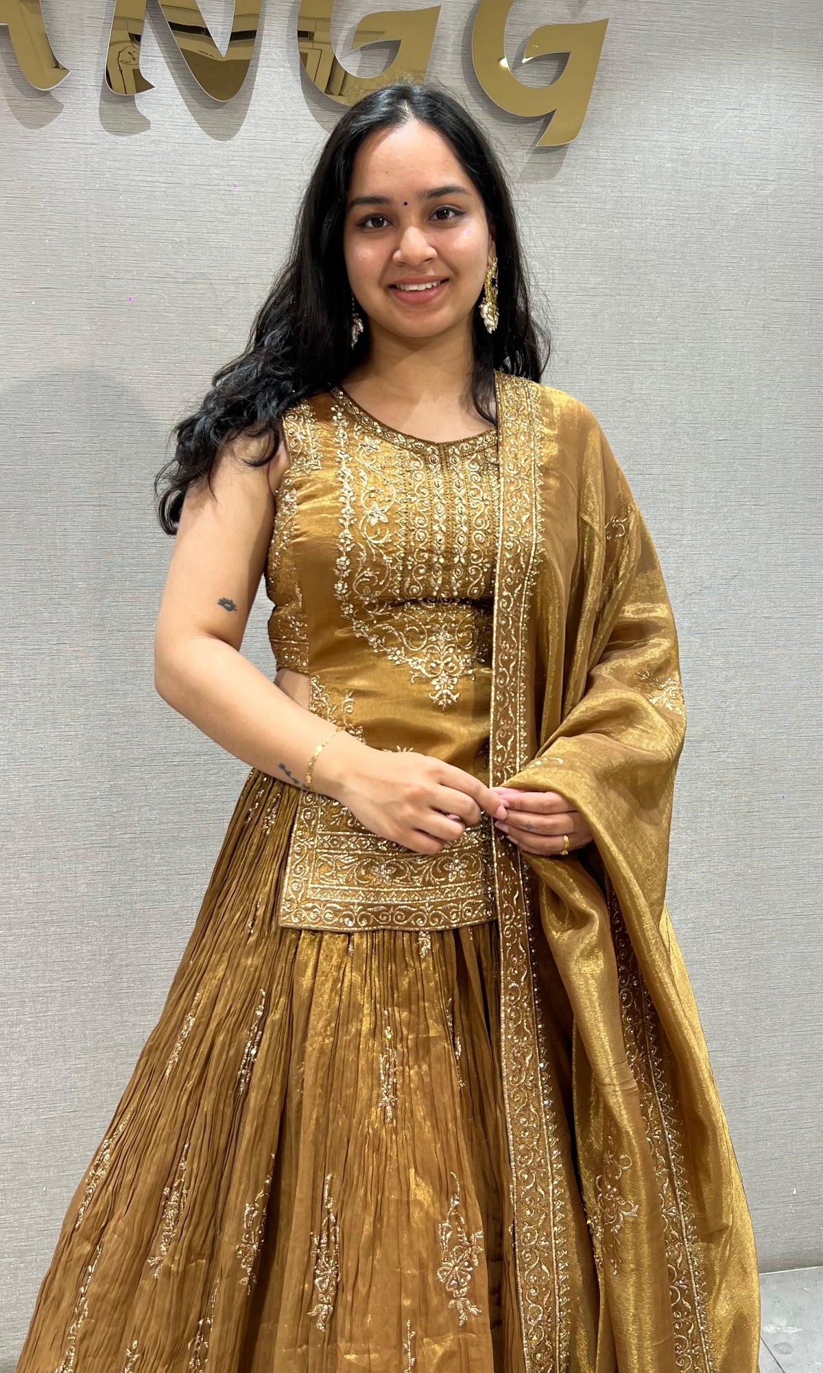 Brown Golden Tissue silk Lehenga Set