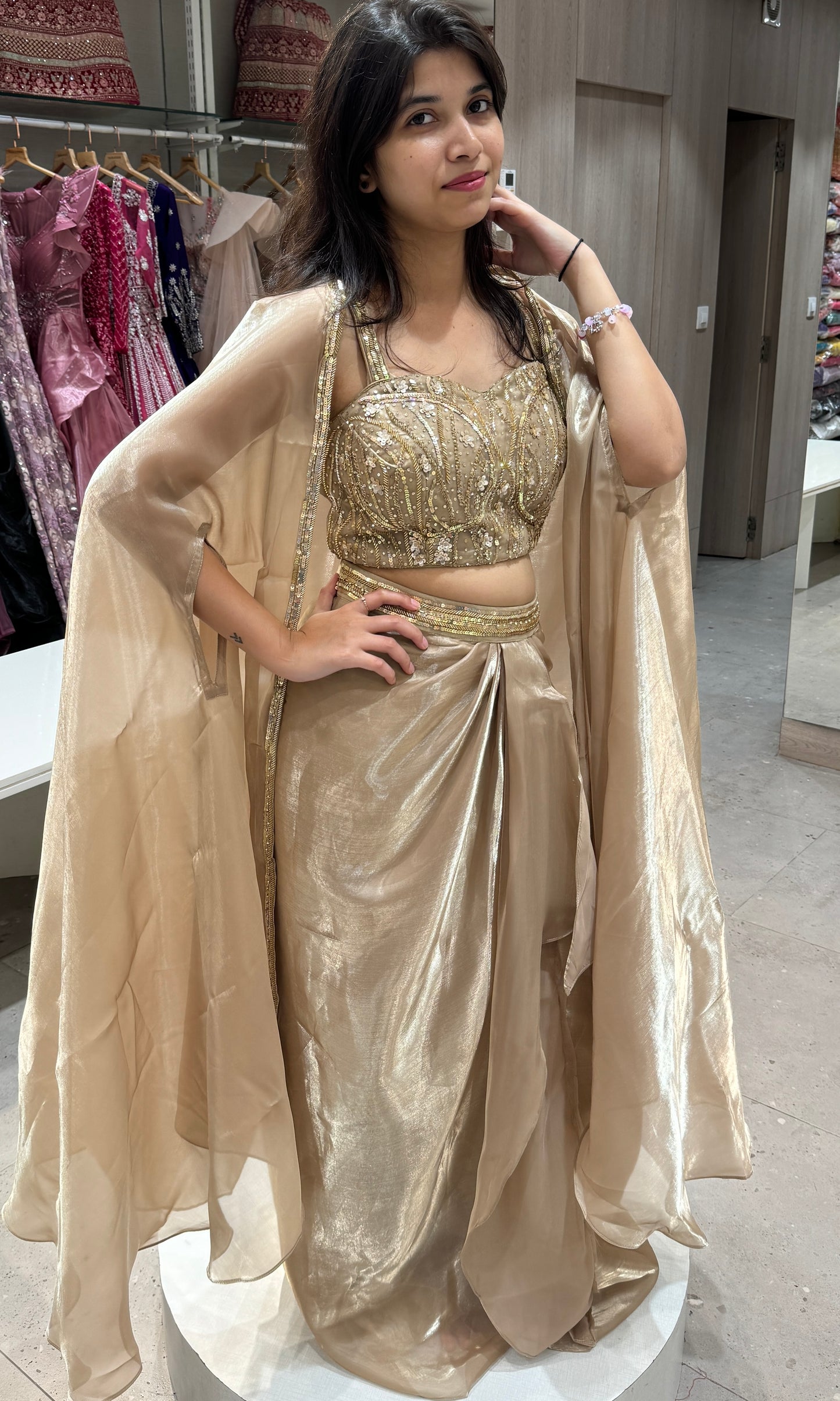 ⚜️Golden shimmer organza 3 piece Indo Western long dress, coat crop top skirt💐🛍️