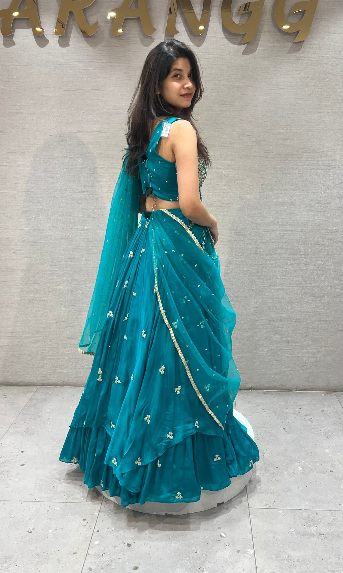 Teal blue gold zari embroidered lehenga