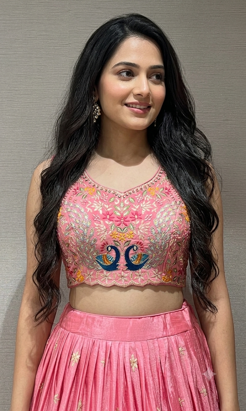 rose pink lehenga with peacock design