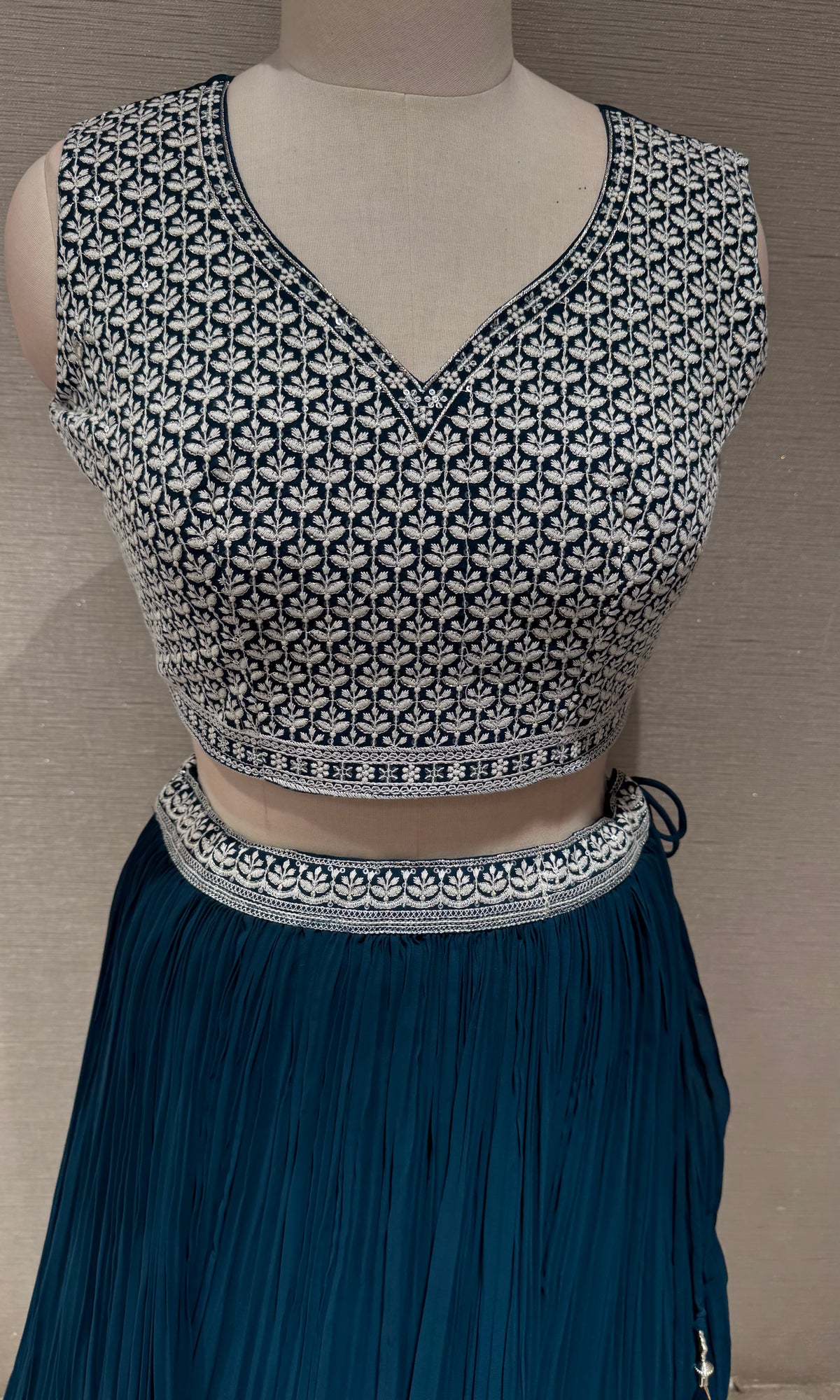 Midnight Blue Georgette Crop Top Lehenga with Jacket