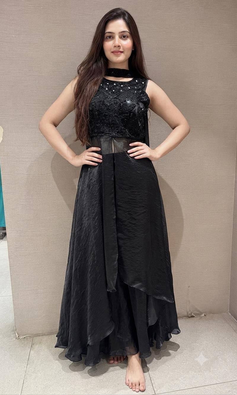 Black front slit layered palazzo set