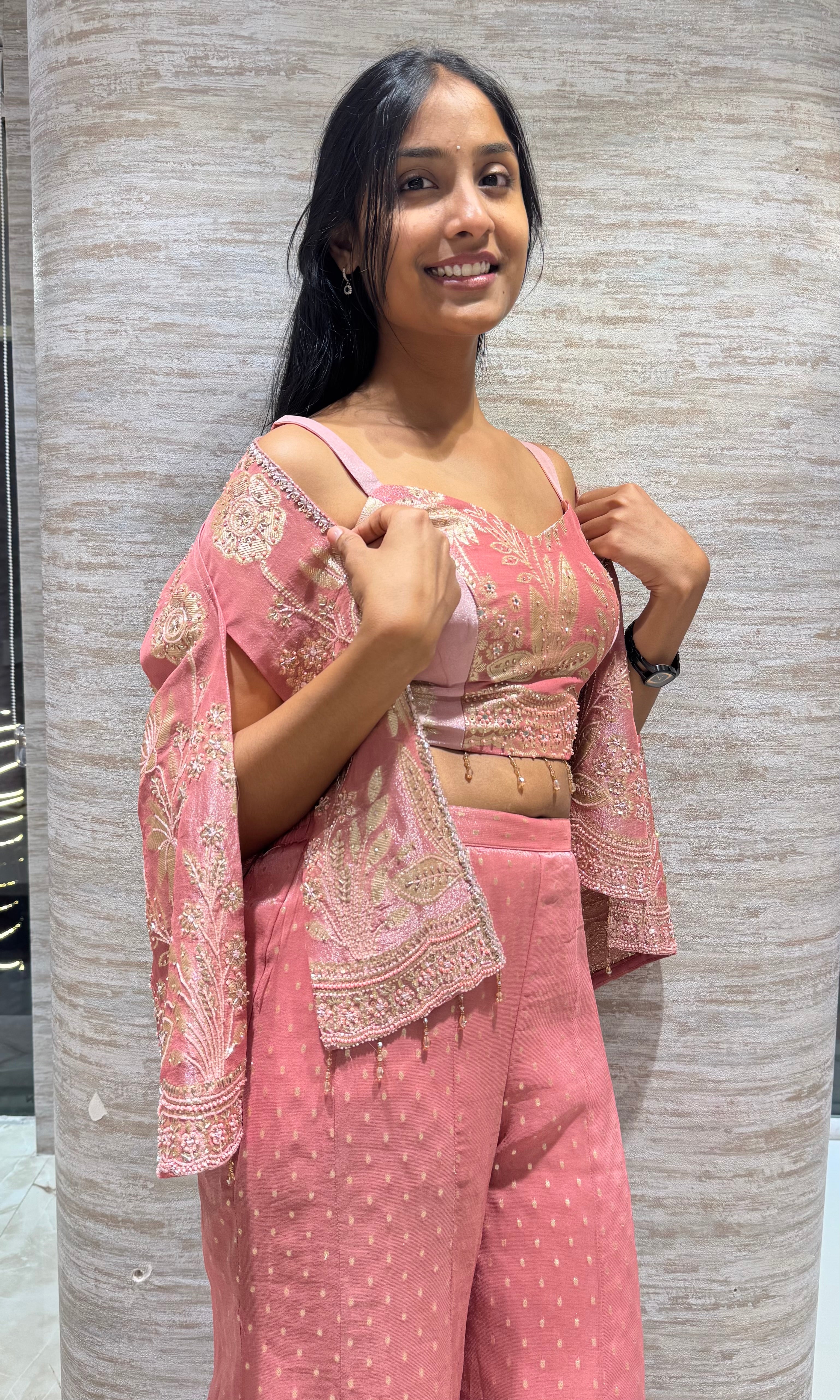 Onion pink embroidered palazzo set