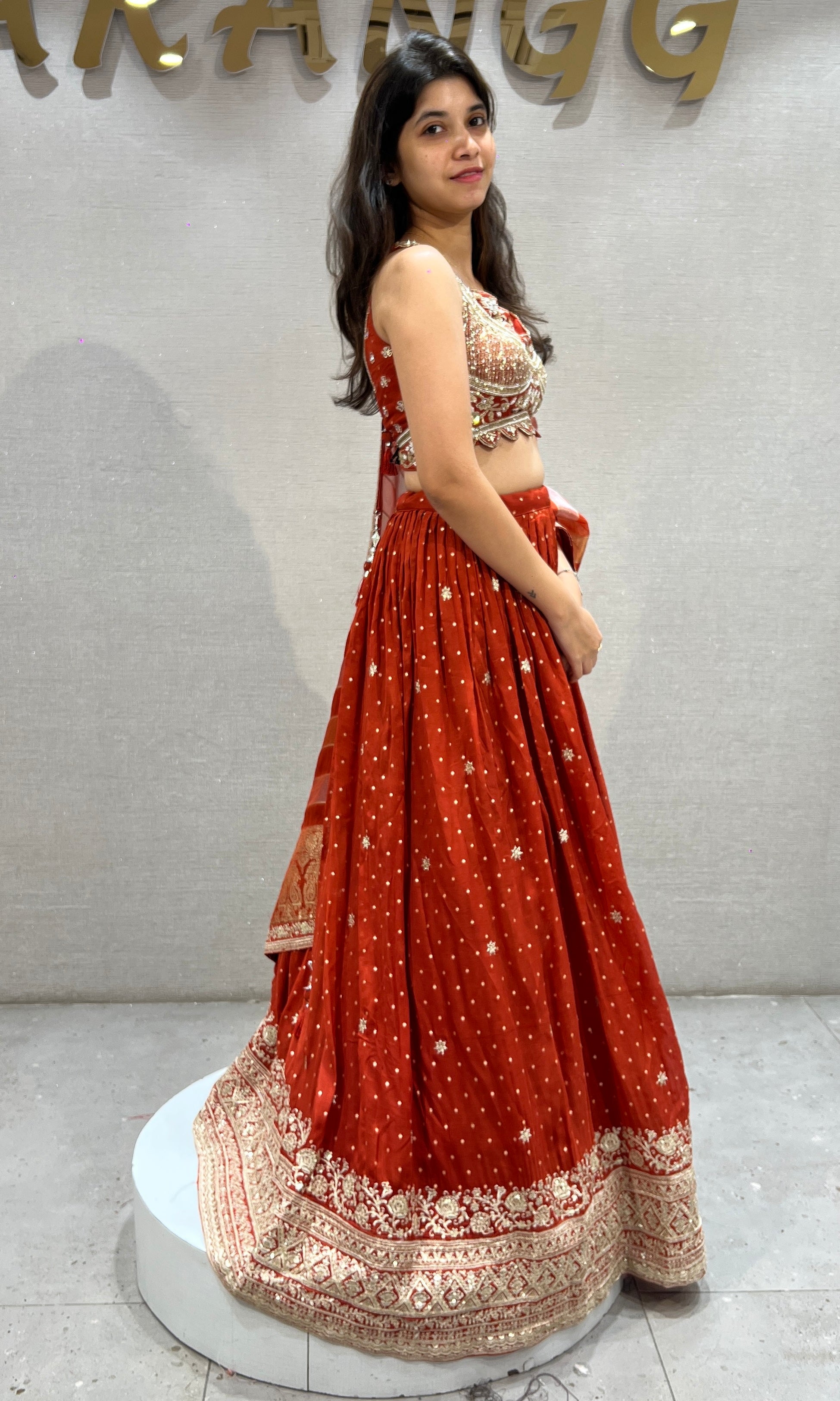Rust golden Lehenga Set with Striped Dupatta