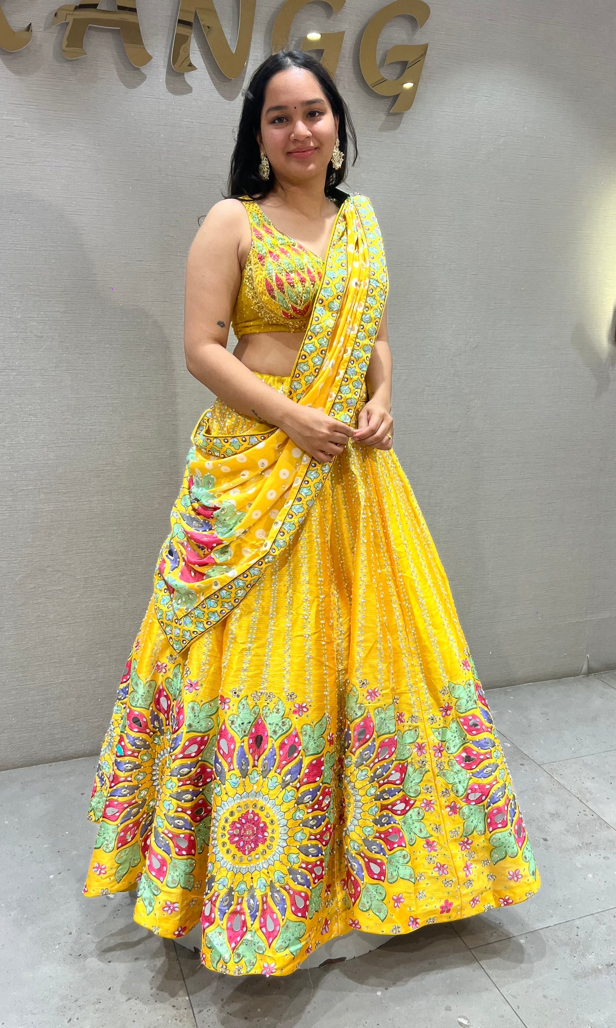 Yellow Silk Multi Floral Embroidered Lehenga set
