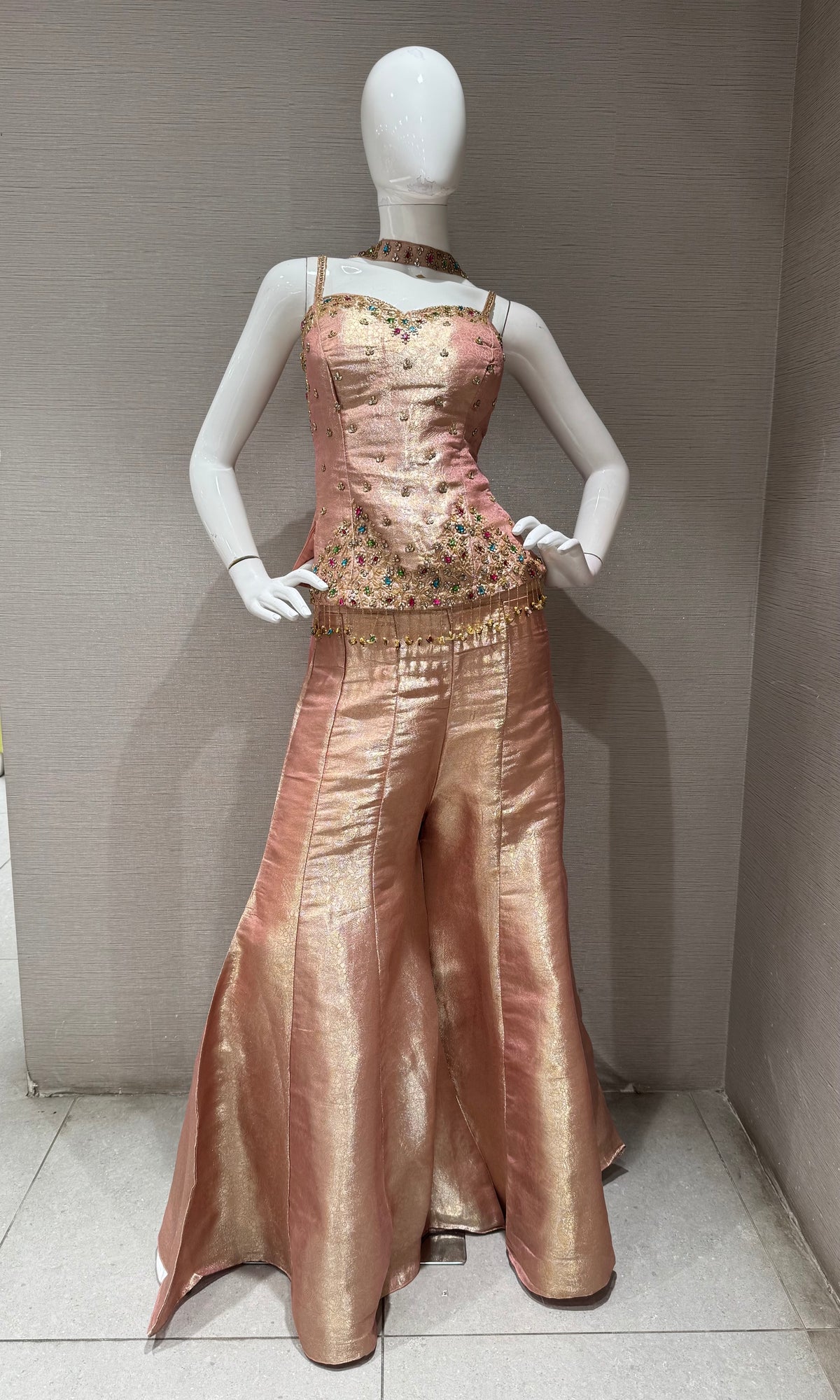 Peach Shimmer Corset Top and Stoned Palazzo Set