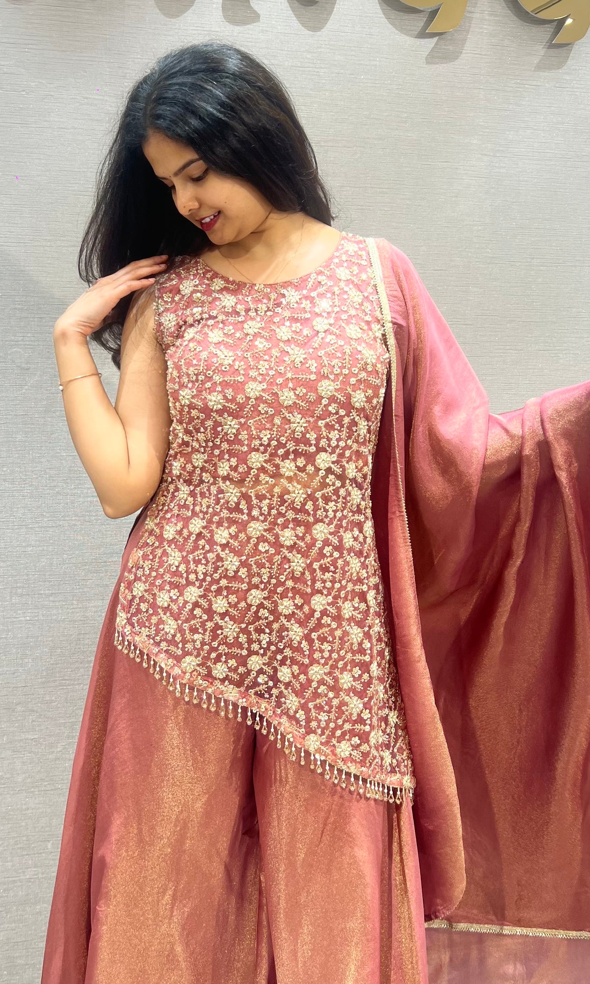 Rust Shimmer Floral Palazzo set with Dupatta