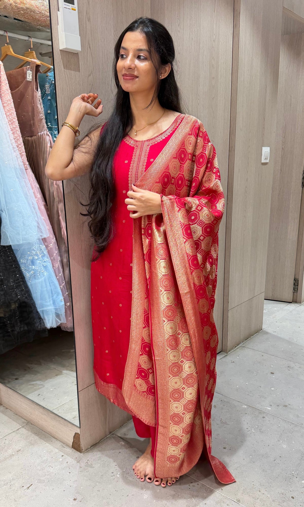 Red Banarasi silk Kurta Set with Patterned Dupatta