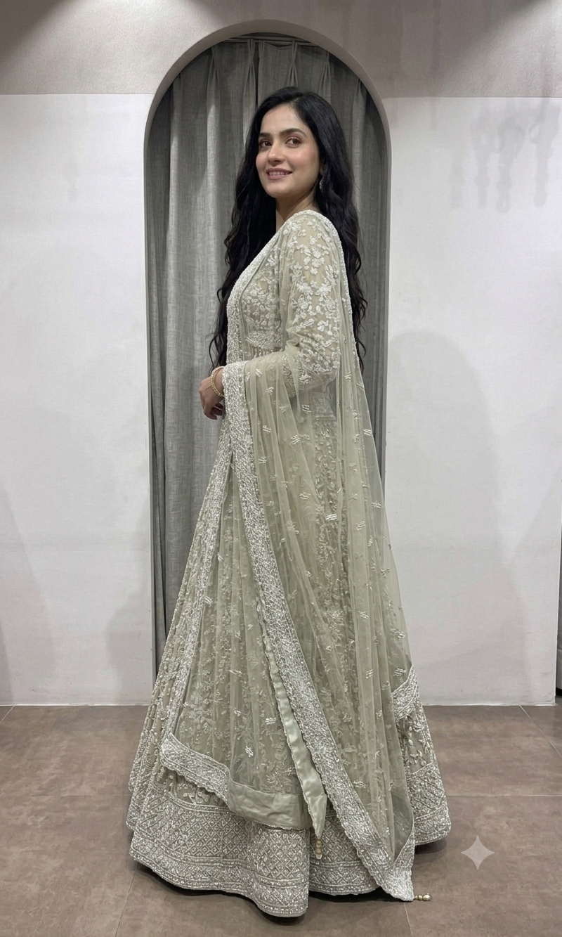 Sage Green Heavily Embroidered Net Bridal Lehenga