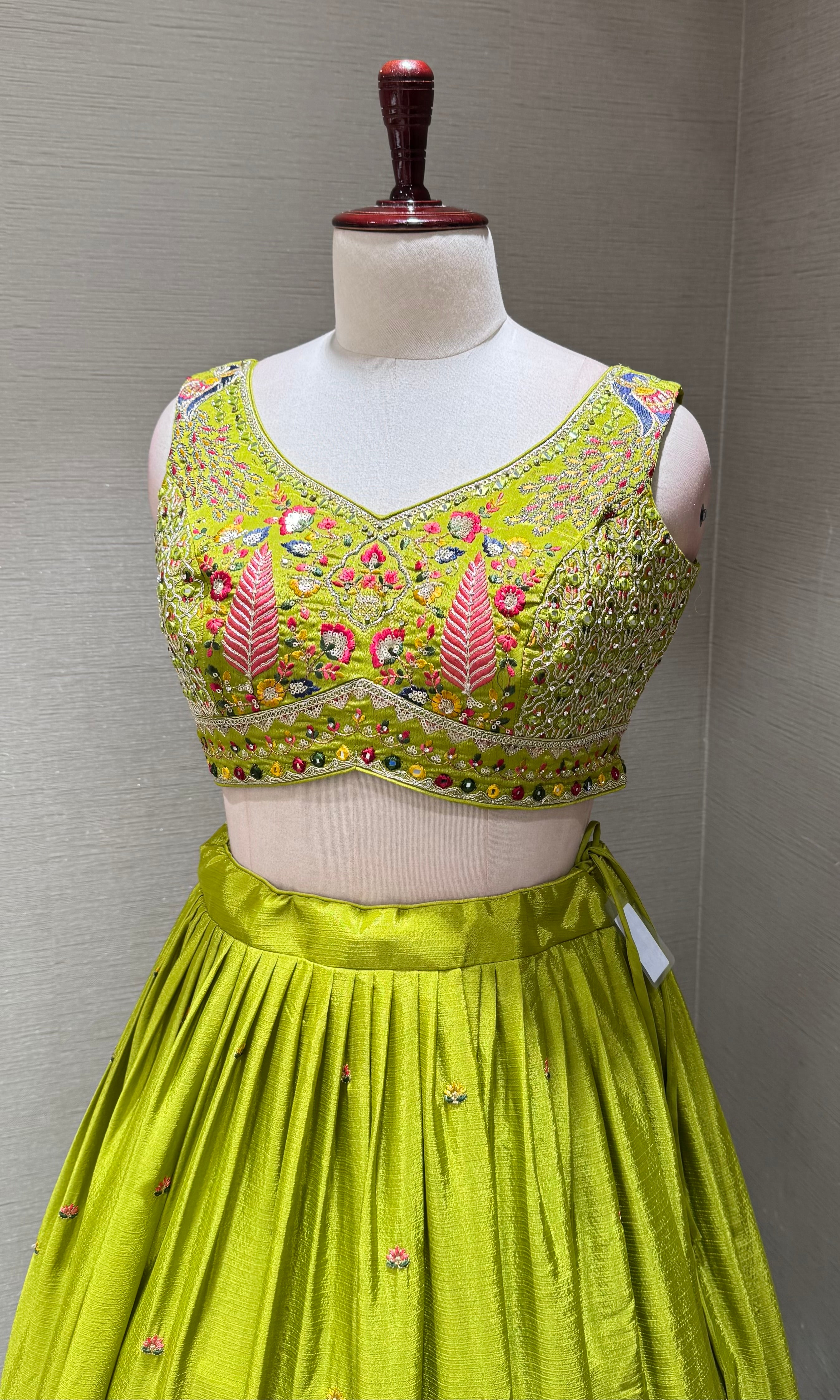 Lime Green Lehenga Choli Set with Pink Accents